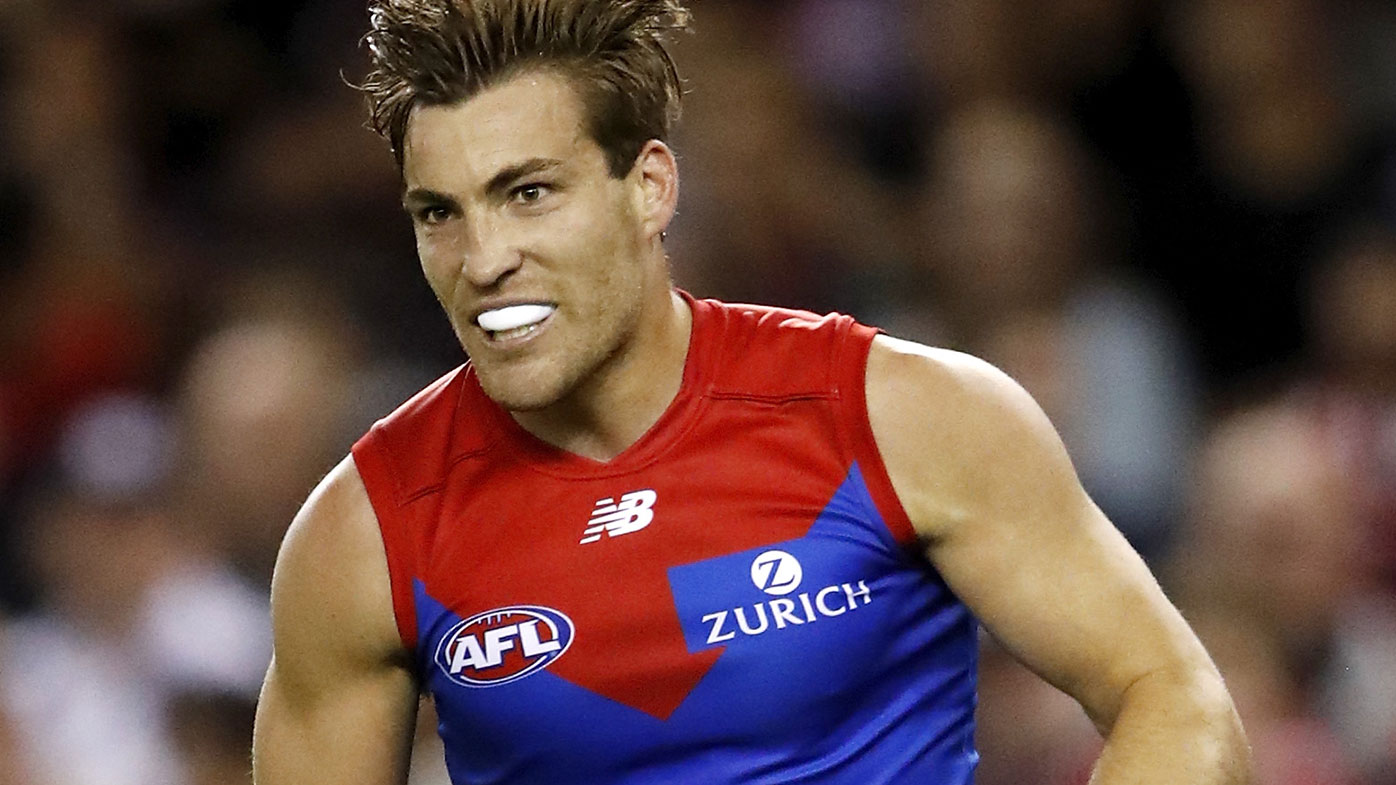 Jack Viney of the Demons celebrates a goal during the 2021 AFL Round 02 match between the St Kilda Saints and the Melbourne Demons at Marvel Stadium on March 27, 2021 in Melbourne, Australia. (Photo by Dylan Burns/AFL Photos via Getty Images)