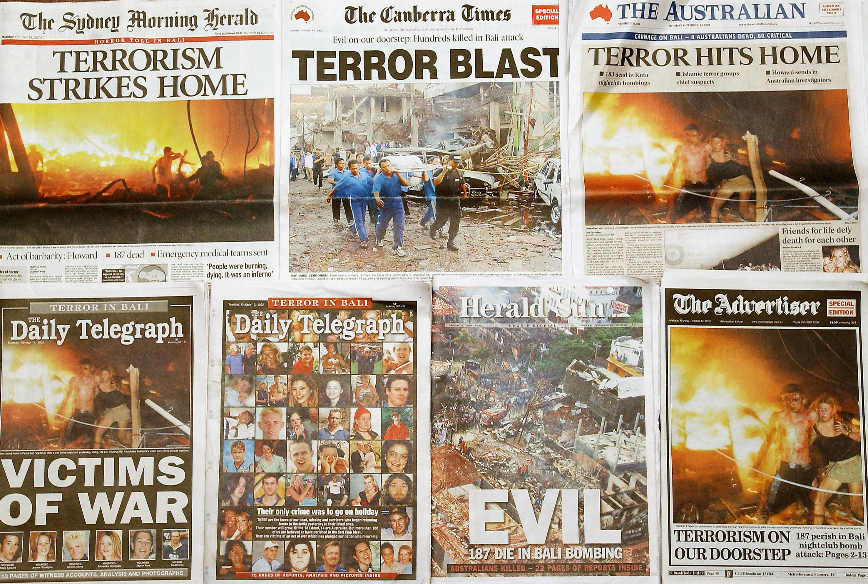 Australian newspaper frontpage headlines of the terrorist bombing attacks in Bali