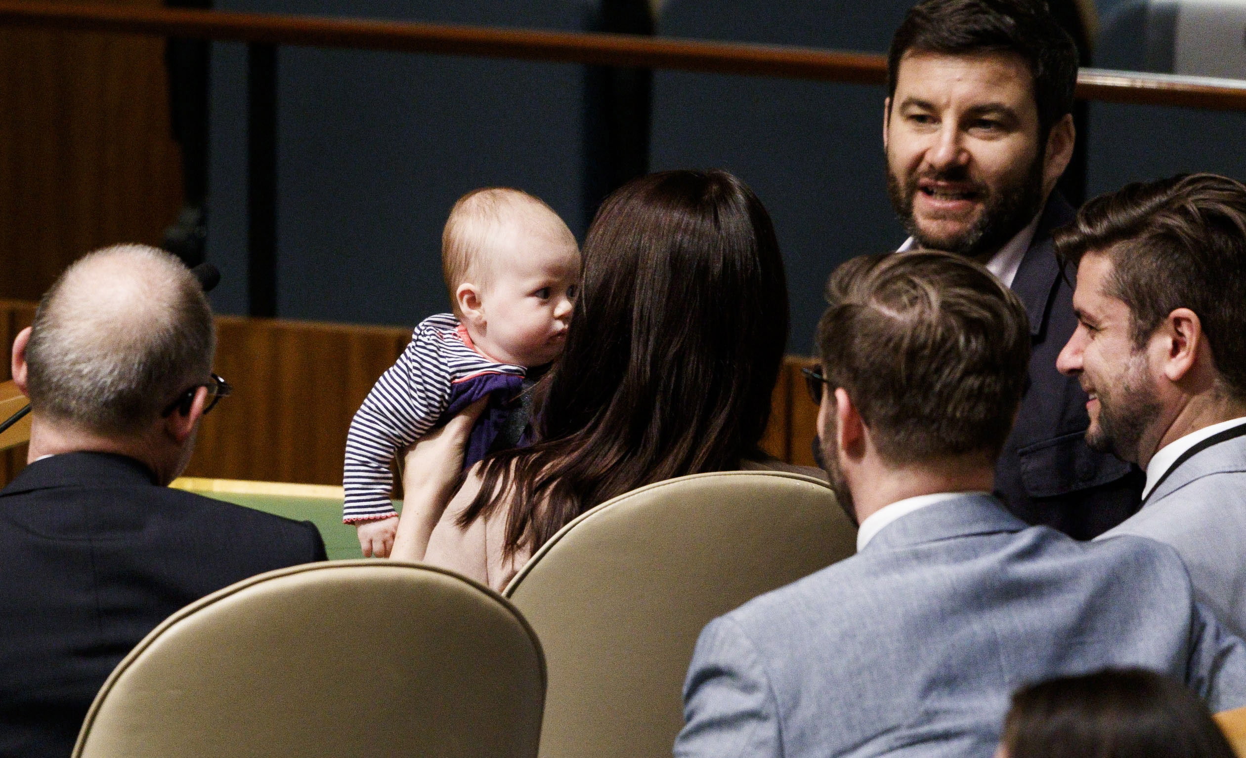 New mum Jacinda Arden appeared at the UN with her partner Clarke Gayford and their daughter Neve