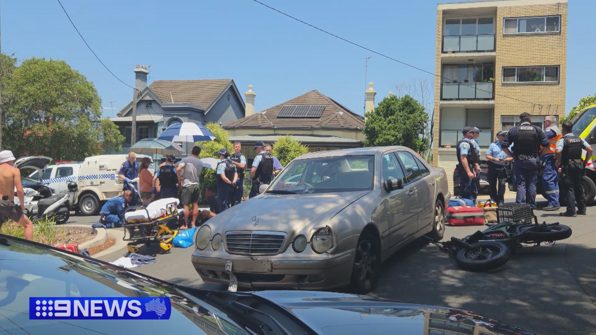 A damaged Mercedes-Benz that collided with an e-bike in Sydney's eastern suburbs.