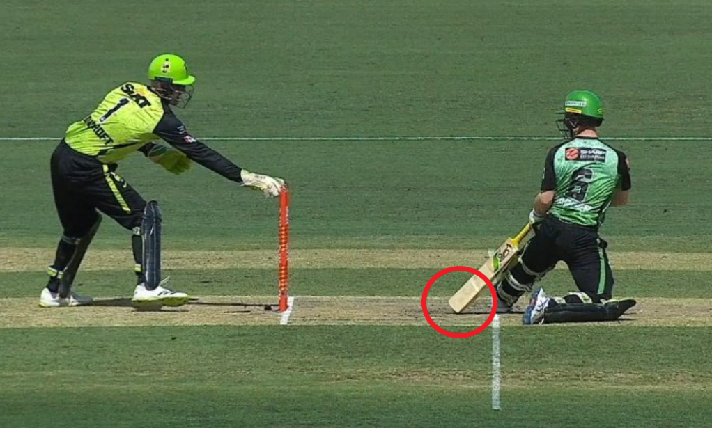 Sam Harper was given out, while his bat appeared to be grounded.