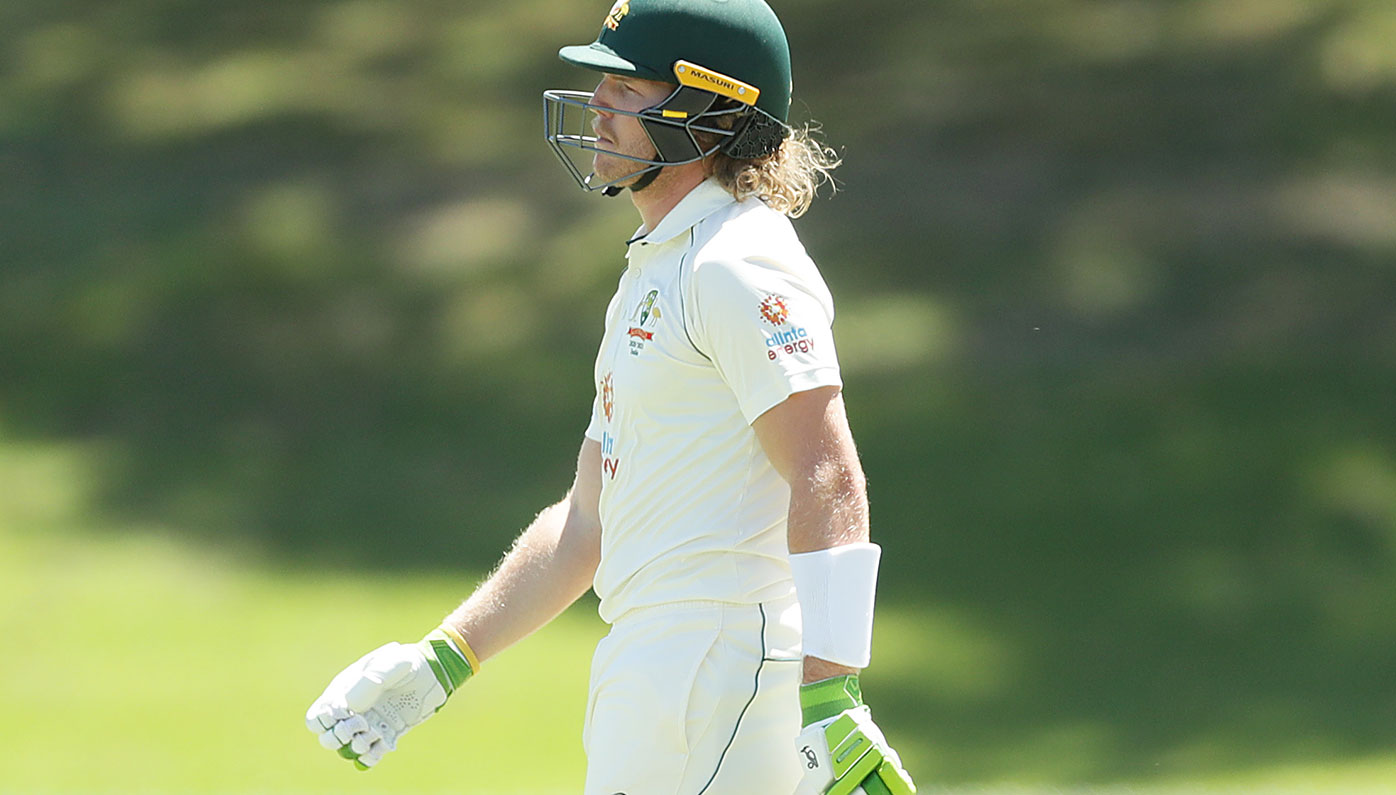 Will Pucovski leaves the field after being dismissed for one in the tour match against India.