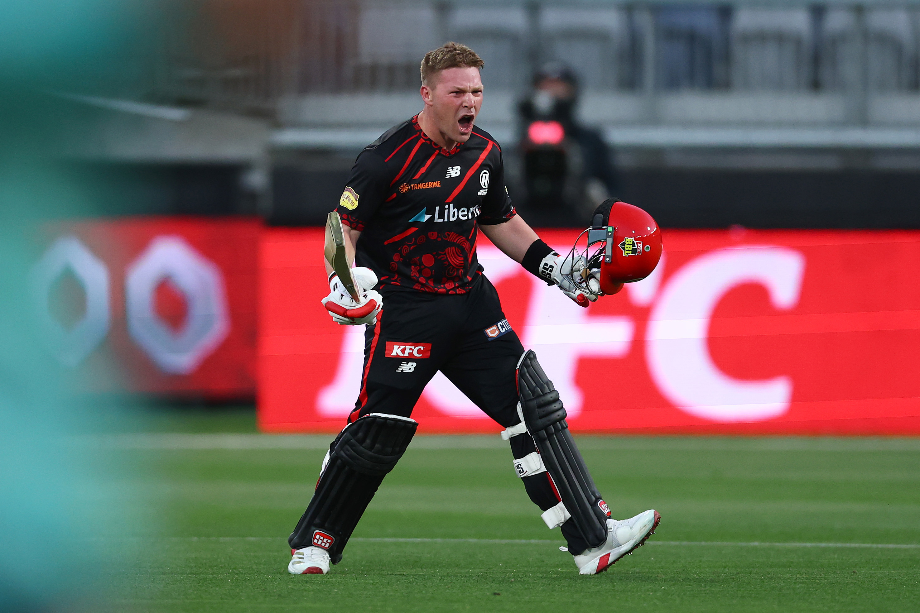 GEELONG, AUSTRALIA - DECEMBER 15: Tim Seifert of the Renegades celebrates making a century during the BBL match between Melbourne Renegades and Brisbane Heat at GMHBA Stadium, on December 15, 2025, in Geelong, Australia (Photo by Daniel Pockett/Getty Images)
