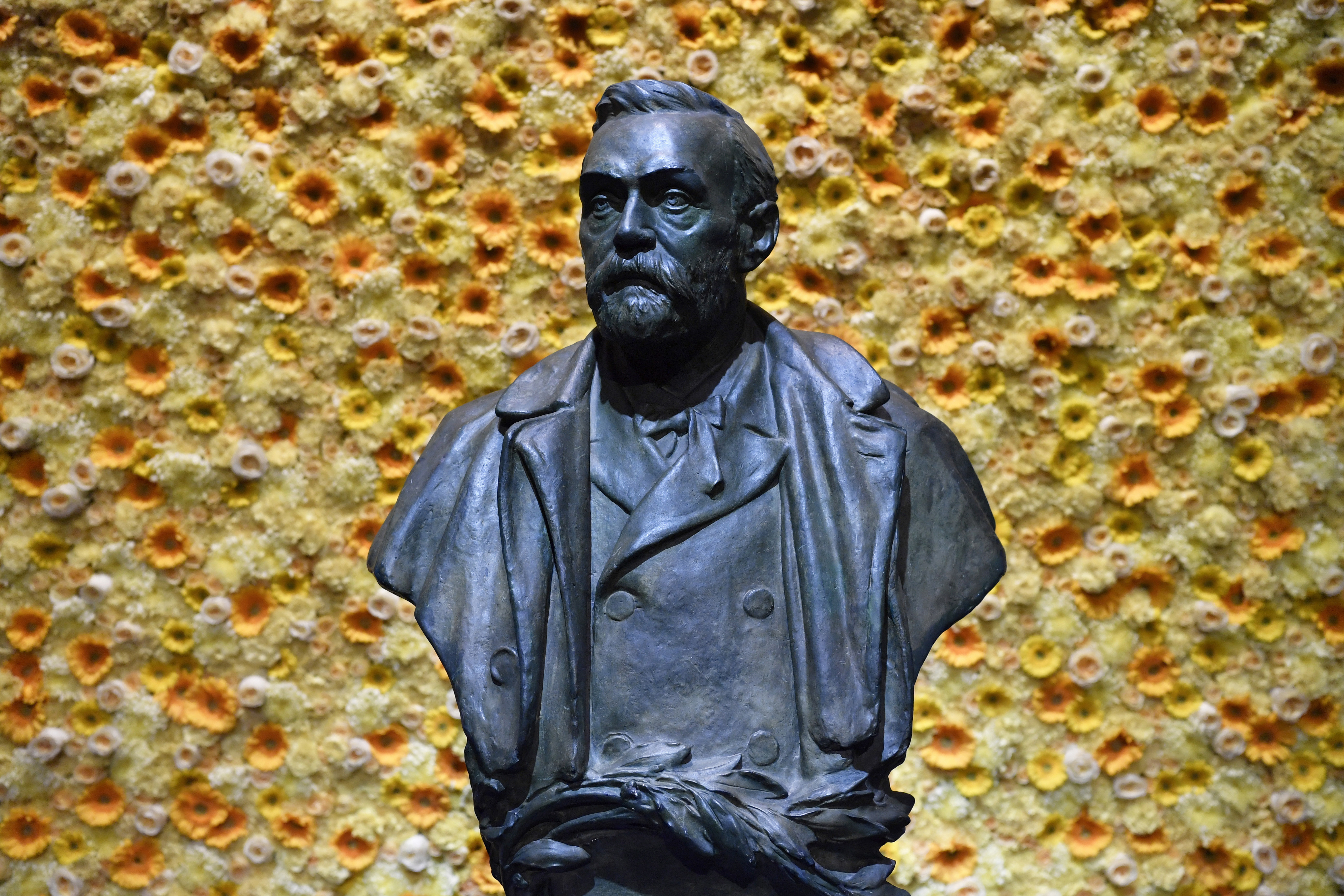 FILE - In this Monday, Dec. 10, 2018 file photo, a bust of the Nobel Prize founder, Alfred Nobel on display at the Concert Hall during the Nobel Prize award ceremony in Stockholm. This years Nobel season approaches as Russias invasion of Ukraine has shattered decades of almost uninterrupted peace in Europe and raised the risks of a nuclear disaster. The famously secretive Nobel Committee never leaks or hints who will win its prizes for medicine, physics, chemistry, literature, economics or peace