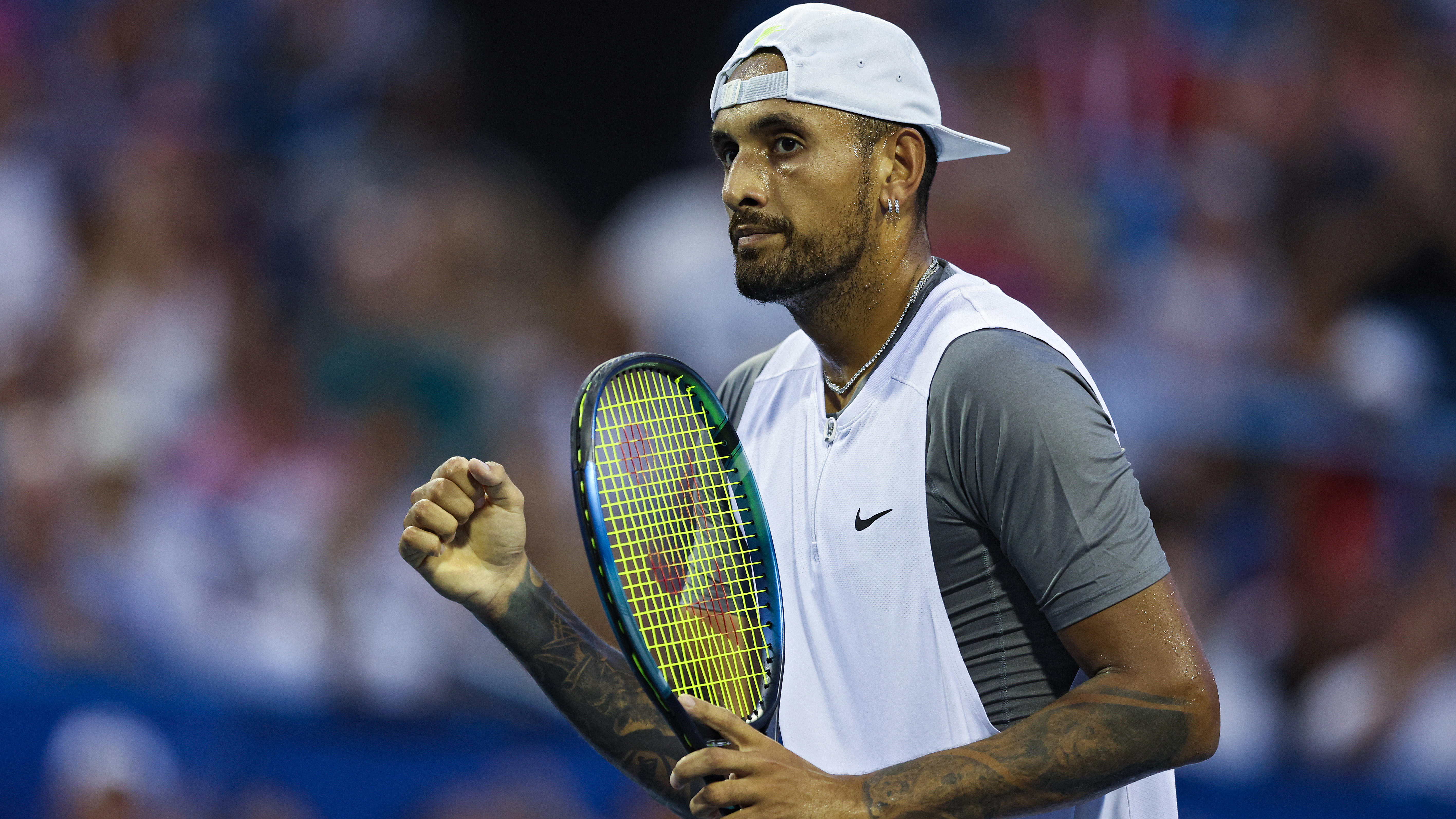 Nick Kyrgios of Australia celebrates a point against Mikael Ymer of Sweden in the Men's Semifinal during Day 8 of the Citi Open at Rock Creek Tennis Center on August 6, 2022 in Washington, DC. (Photo by Patrick Smith/Getty Images)
