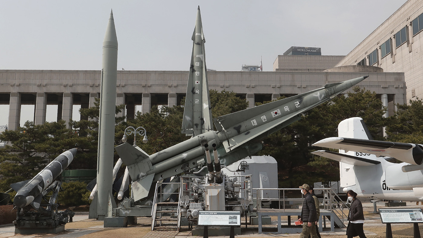 A mock North Korean Scud-B missile, second from left, displayed at the Korea War Memorial Museum in Seoul.