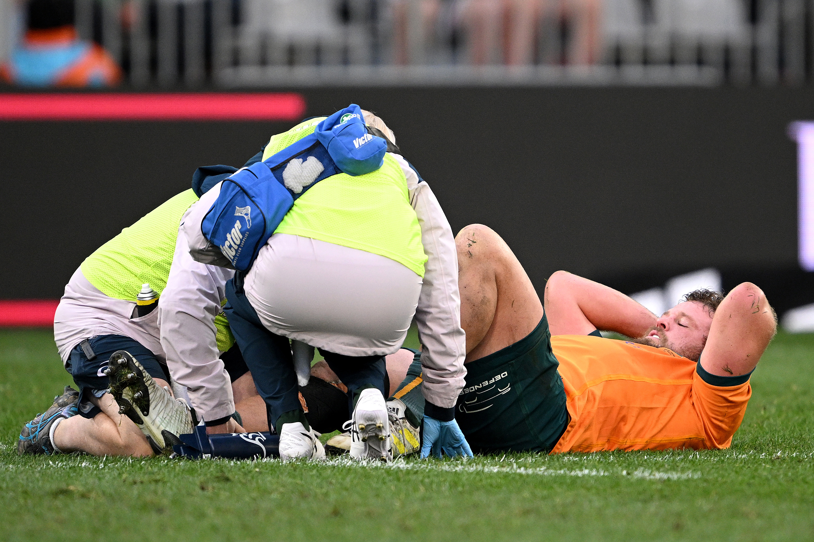 James Slipper of Australia receives medical attention at Forsyth Barr Stadium.