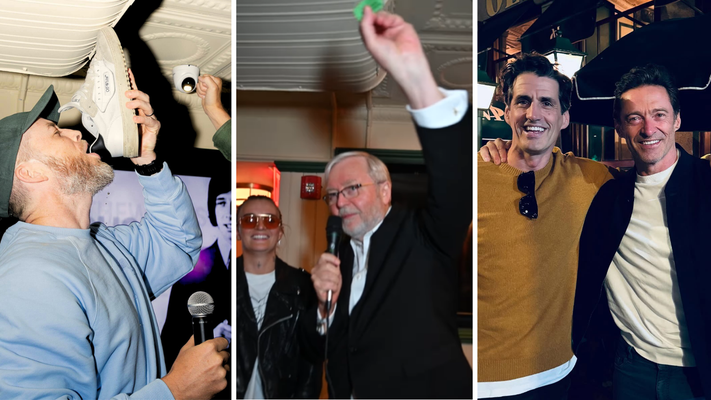 Hamish Blake, Kevin Rudd, G Flip, Andy Lee and Hugh Jackman at Old Mates Pub New York 2025