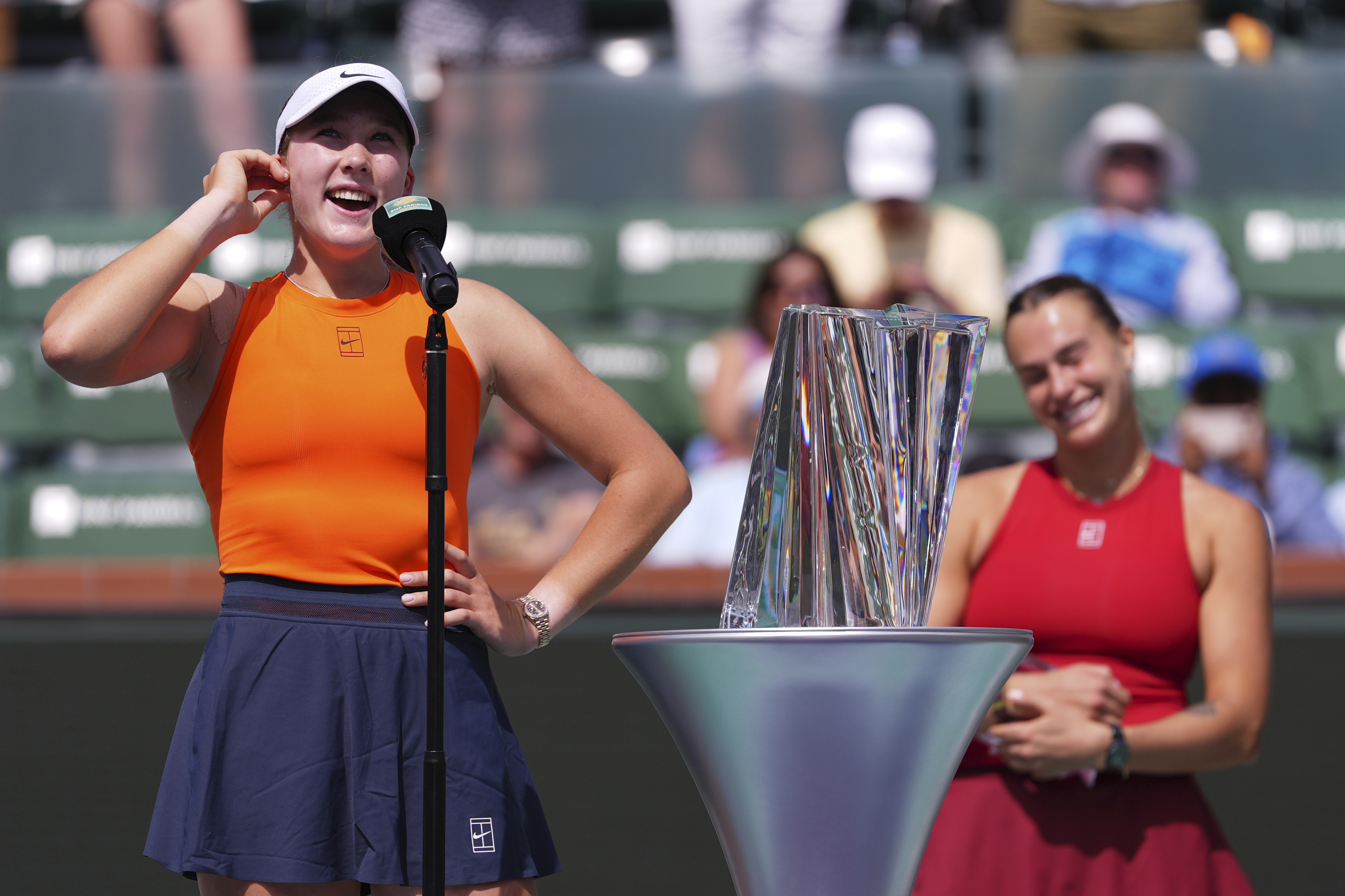 Mirra Andreeva of Russia smiles after winning the BNP Paribas Open.