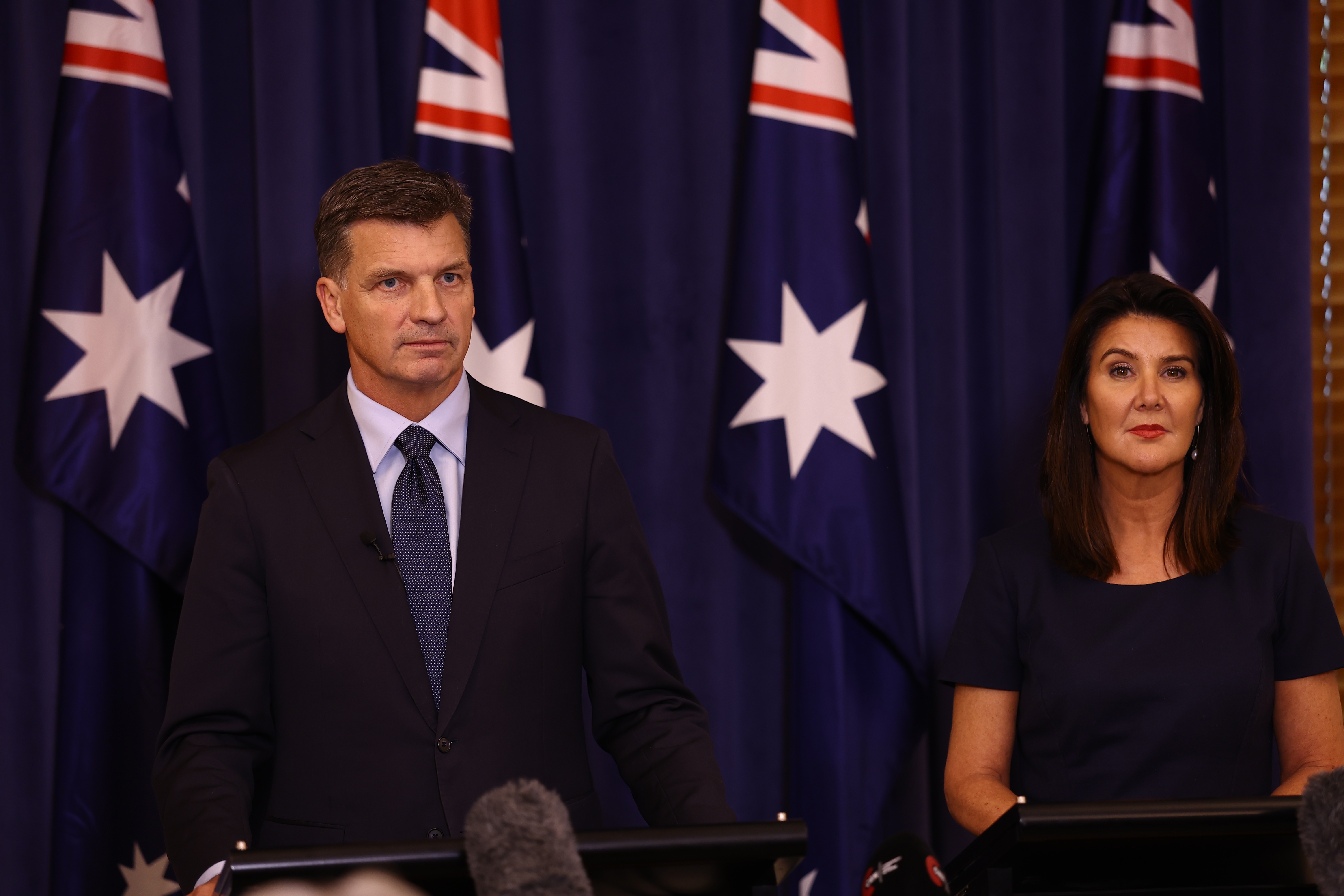 Opposition Leader Angus Taylor and Deputy Opposition Leader Senator Jane Hume during a press conference after a Liberal Party leadership spill at Parliament House in Canberra on February 13, 2026. fedpol Photo: Dominic Lorrimer