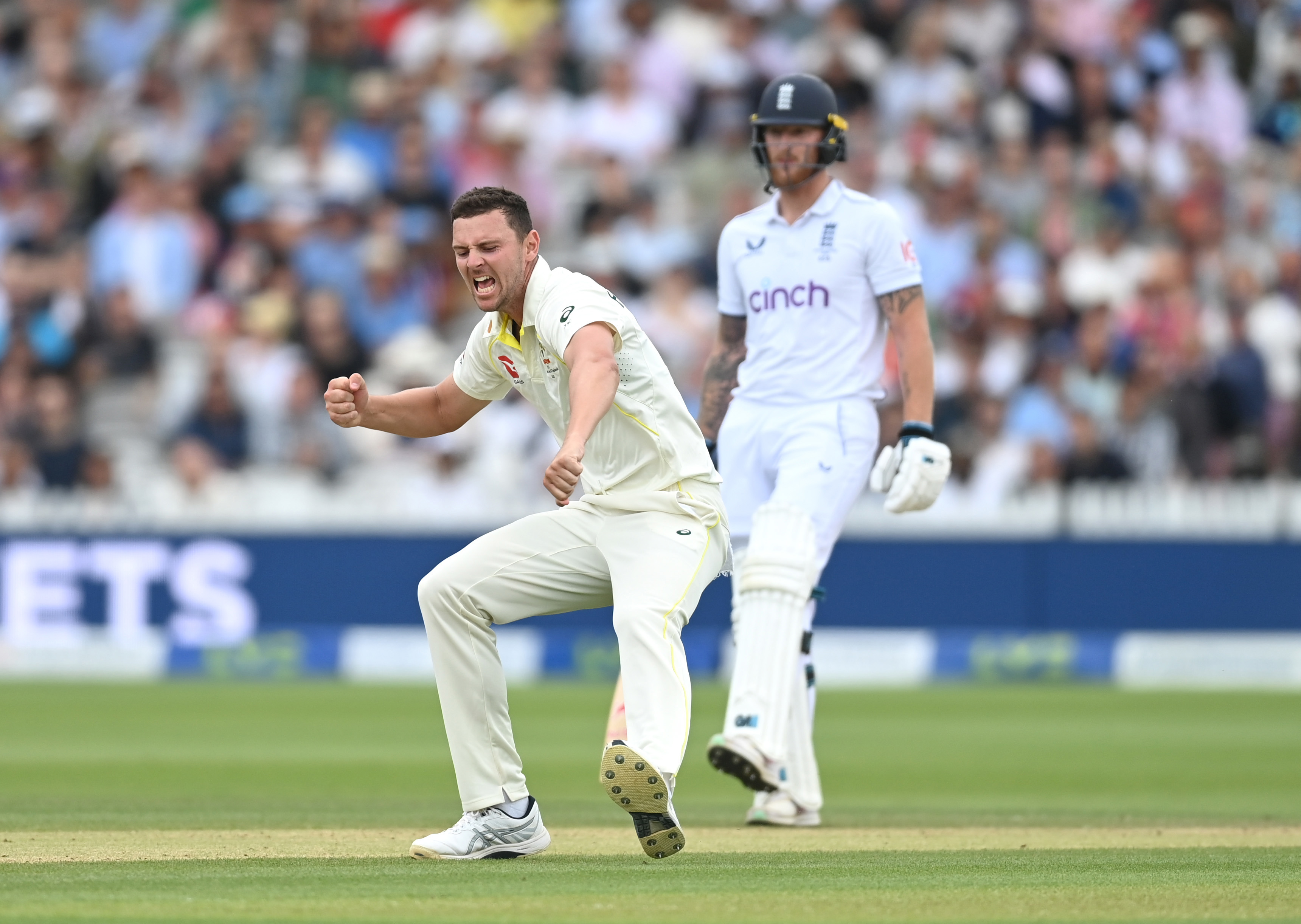 LONDON, ENGLAND - JULY 02: Josh Hazlewood of Australia celebrates after dismissing Ben Duckett of England during Day Five of the LV= Insurance Ashes 2nd Test match between England and Australia at Lord's Cricket Ground on July 02, 2023 in London, England. (Photo by Gareth Copley/Getty Images)