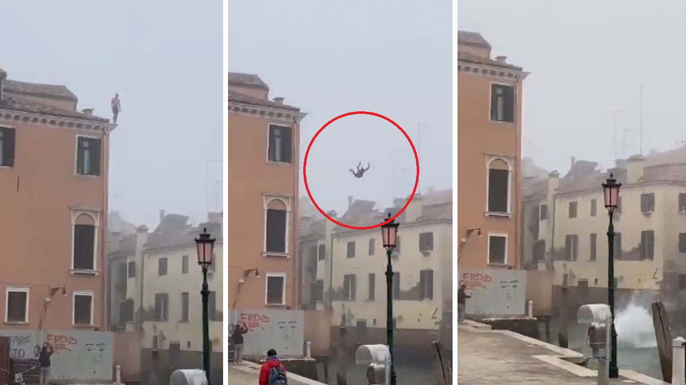 Italian authorities are searching for a man who jumped off a three-story building into a canal in Venice on March 23.