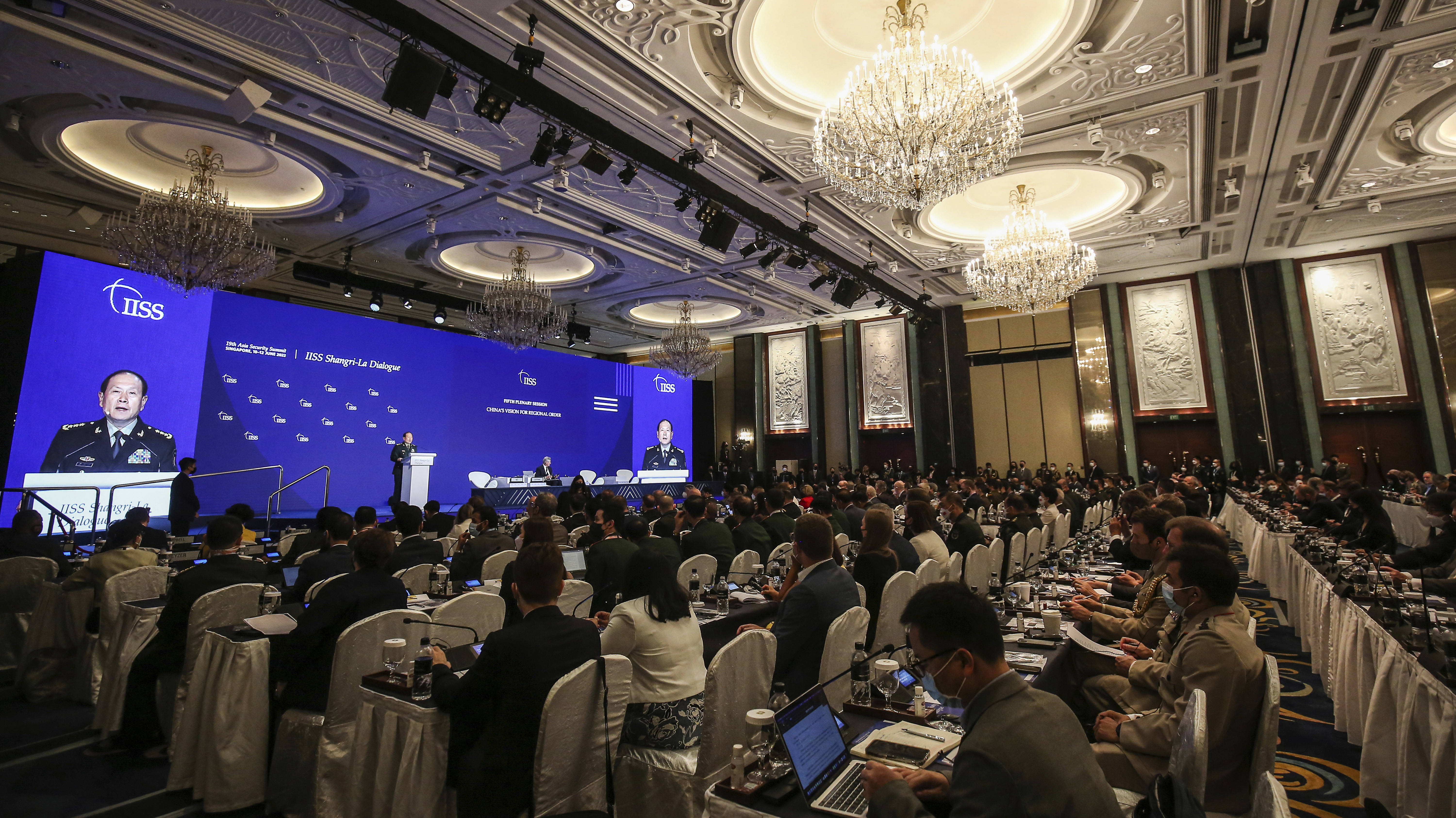 China's Defense Minister General Wei Fenghe speaks at a plenary session during the 19th International Institute for Strategic Studies (IISS) Shangri-la Dialogue, Asia's annual defense and security forum, in Singapore.