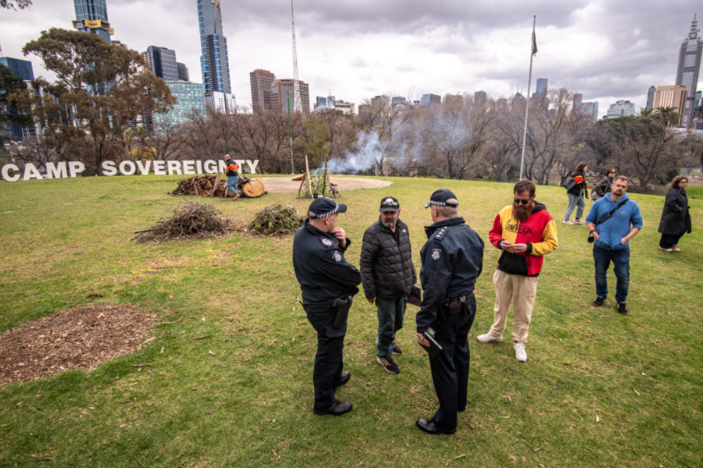 Camp Sovereignty in Kings Domain where people who had just finished performing and observing a weekly ceremony and celebration of culture were attacked by Neo-Nazi's after the March for Australia event. 
