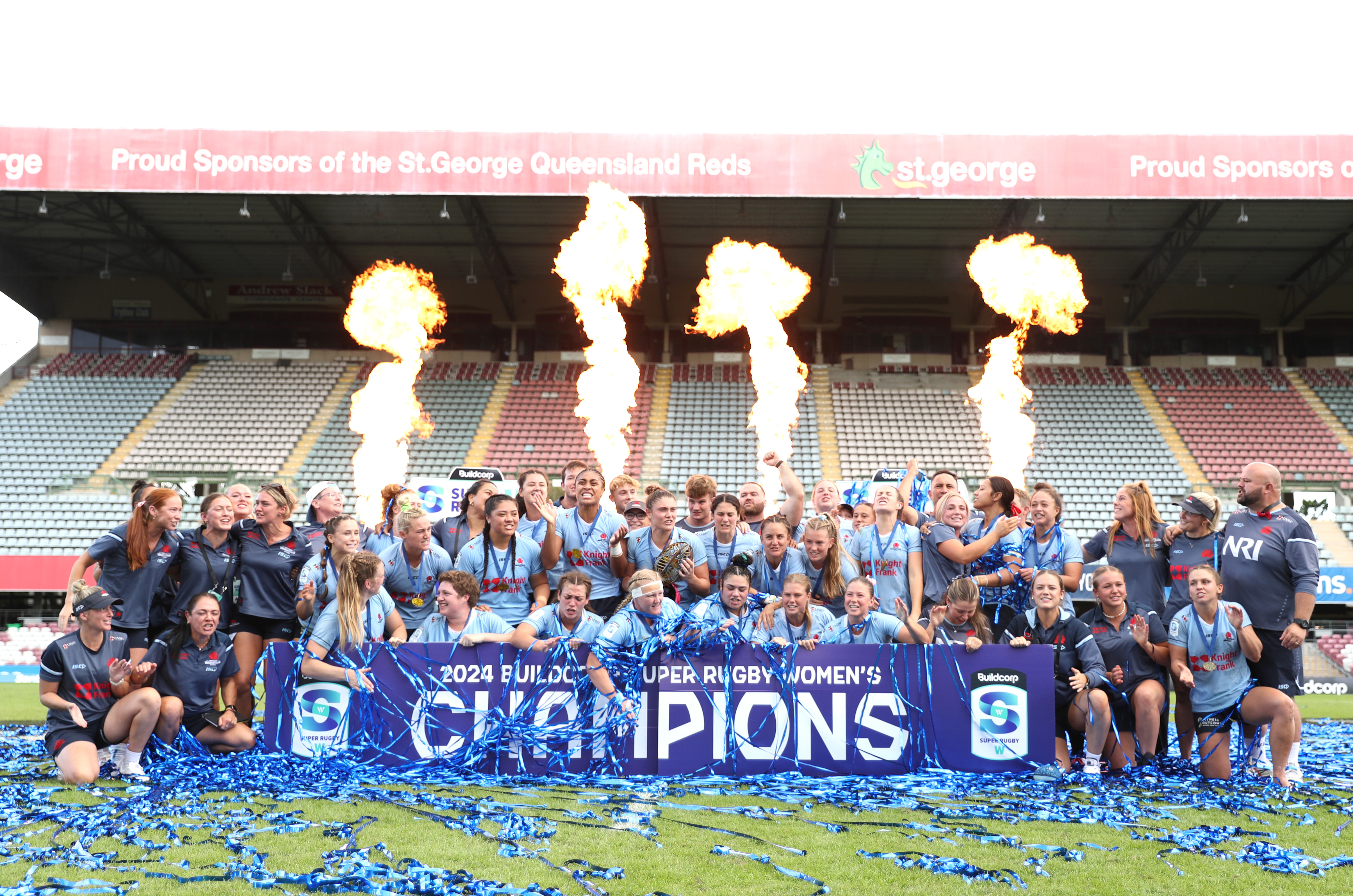 The NSW Waratahs celebrate victory following the Super Rugby Women's grand final match against the Fijian Drua at Ballymore Stadium.