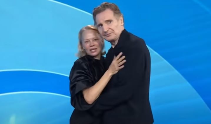 Pamela Anderson and Liam Neeson stage a kiss on the US Today Show