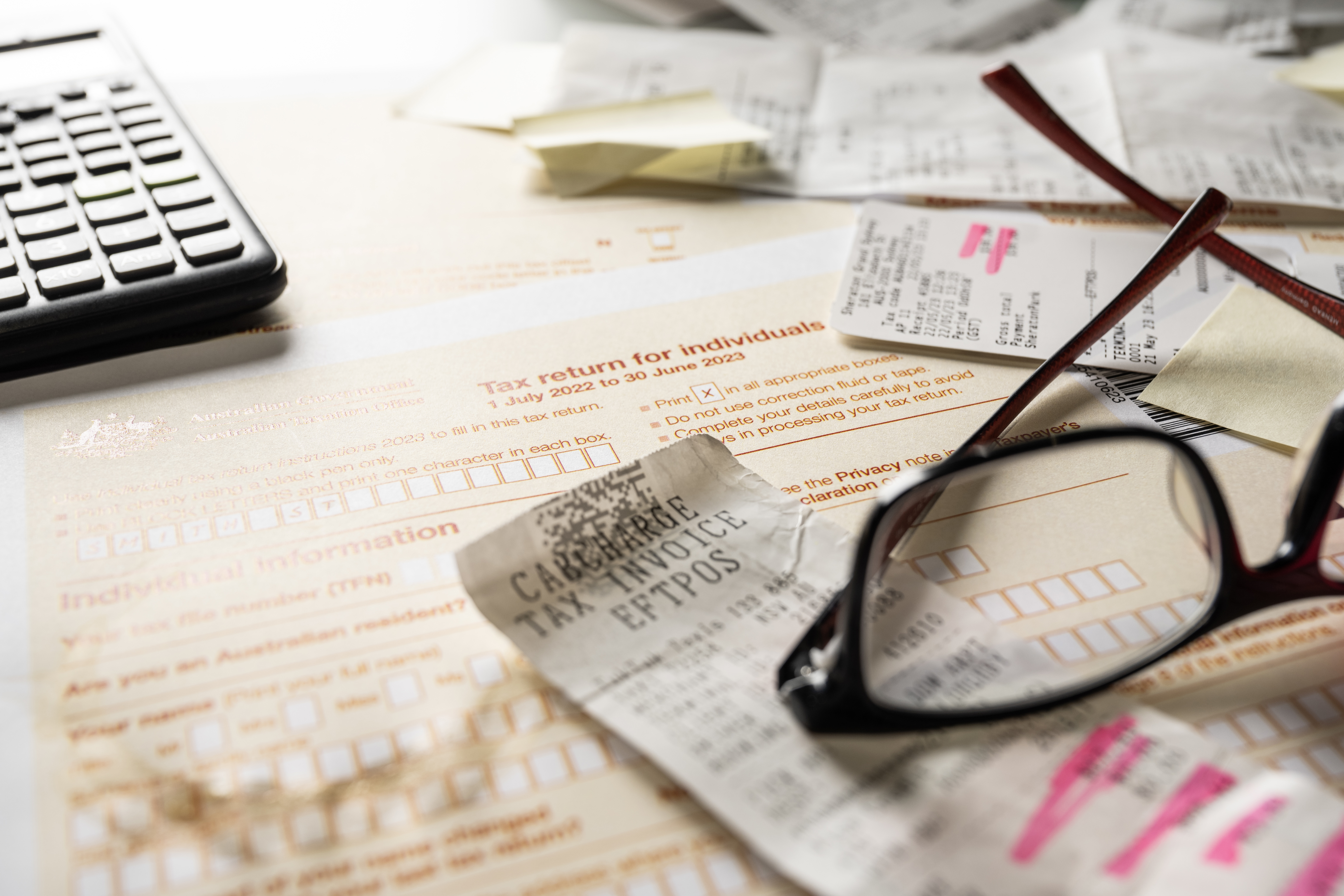 Receipts and a tax return.