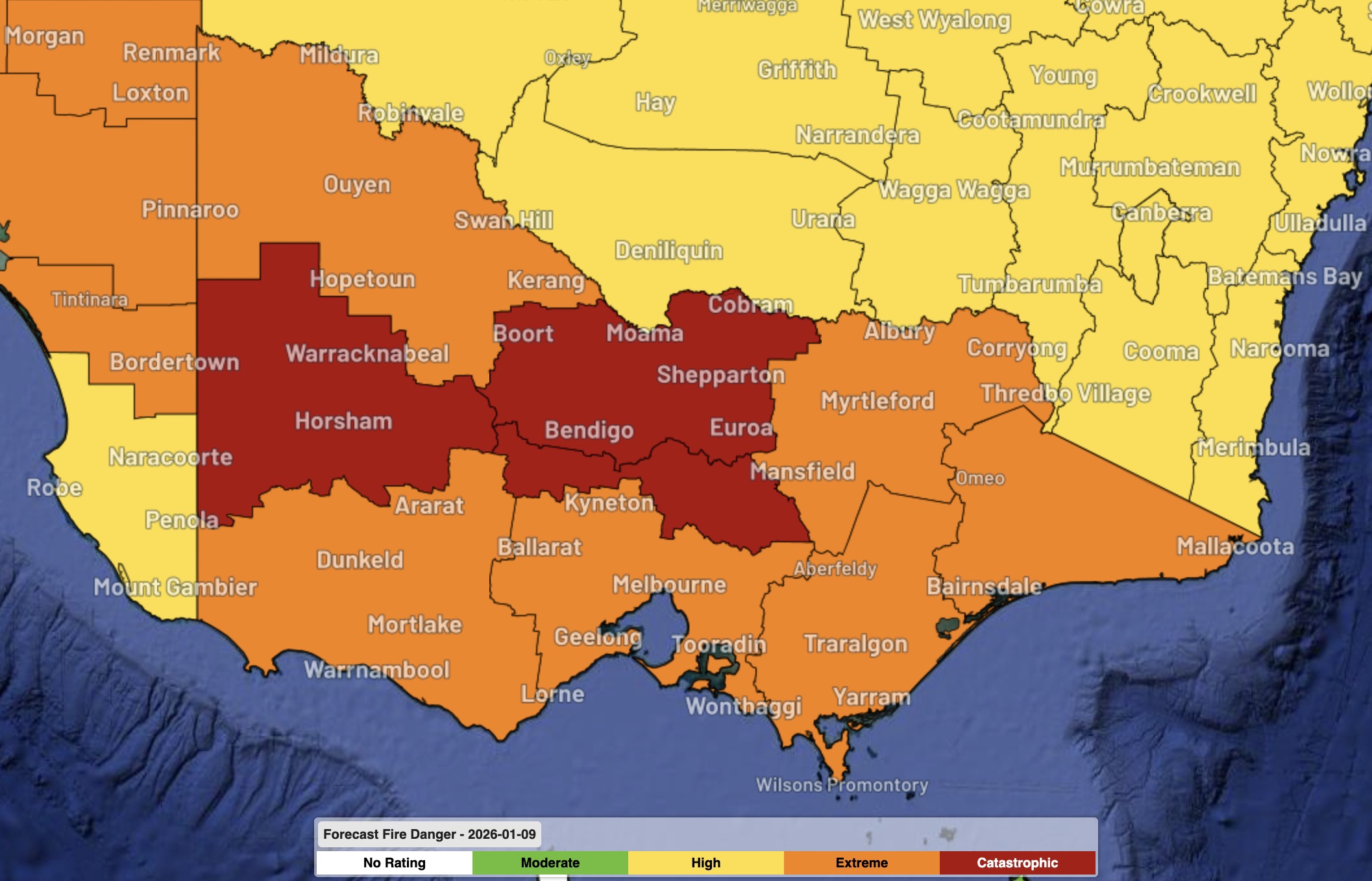 Forecast fire danger ratings in Vic on Friday, January 9, 2026.