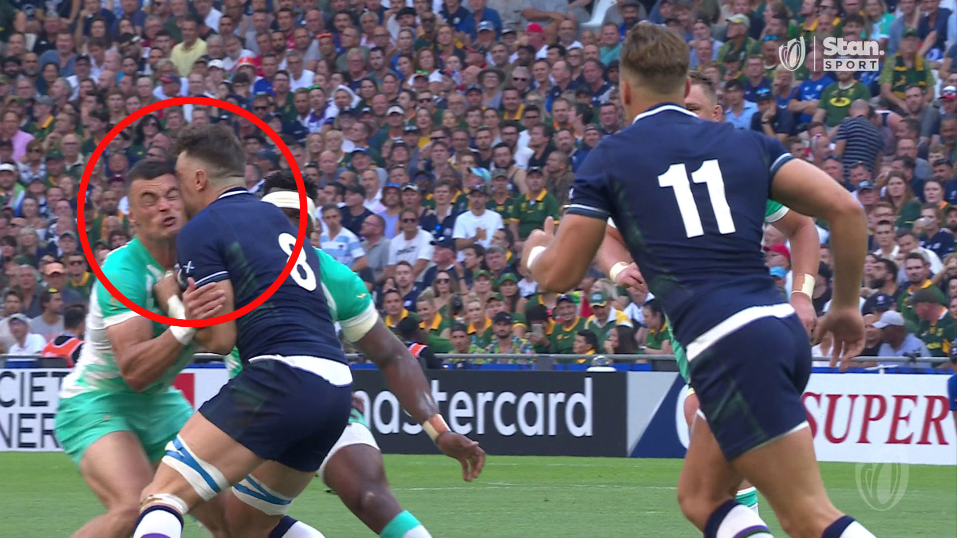 South Africa's Jesse Kriel tackles Jack Dempsey of Scotland awkwardly in the opening minutes of their Rugby World Cup match.