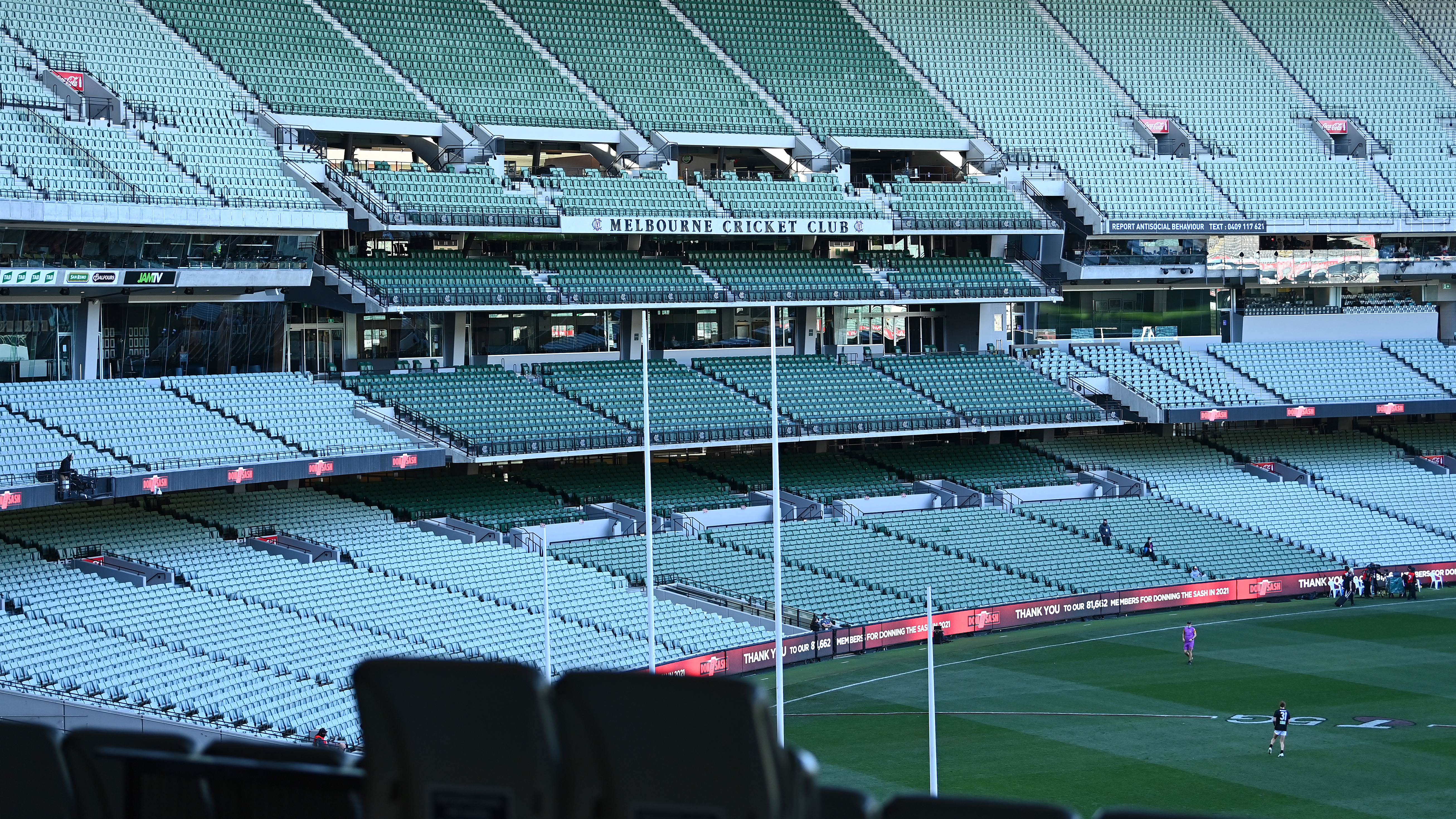 An empty MCG Members Stand is seen during the round 23 AFL match between Essendon Bombers and Collingwood Magpies Giants at Melbourne Cricket Ground.