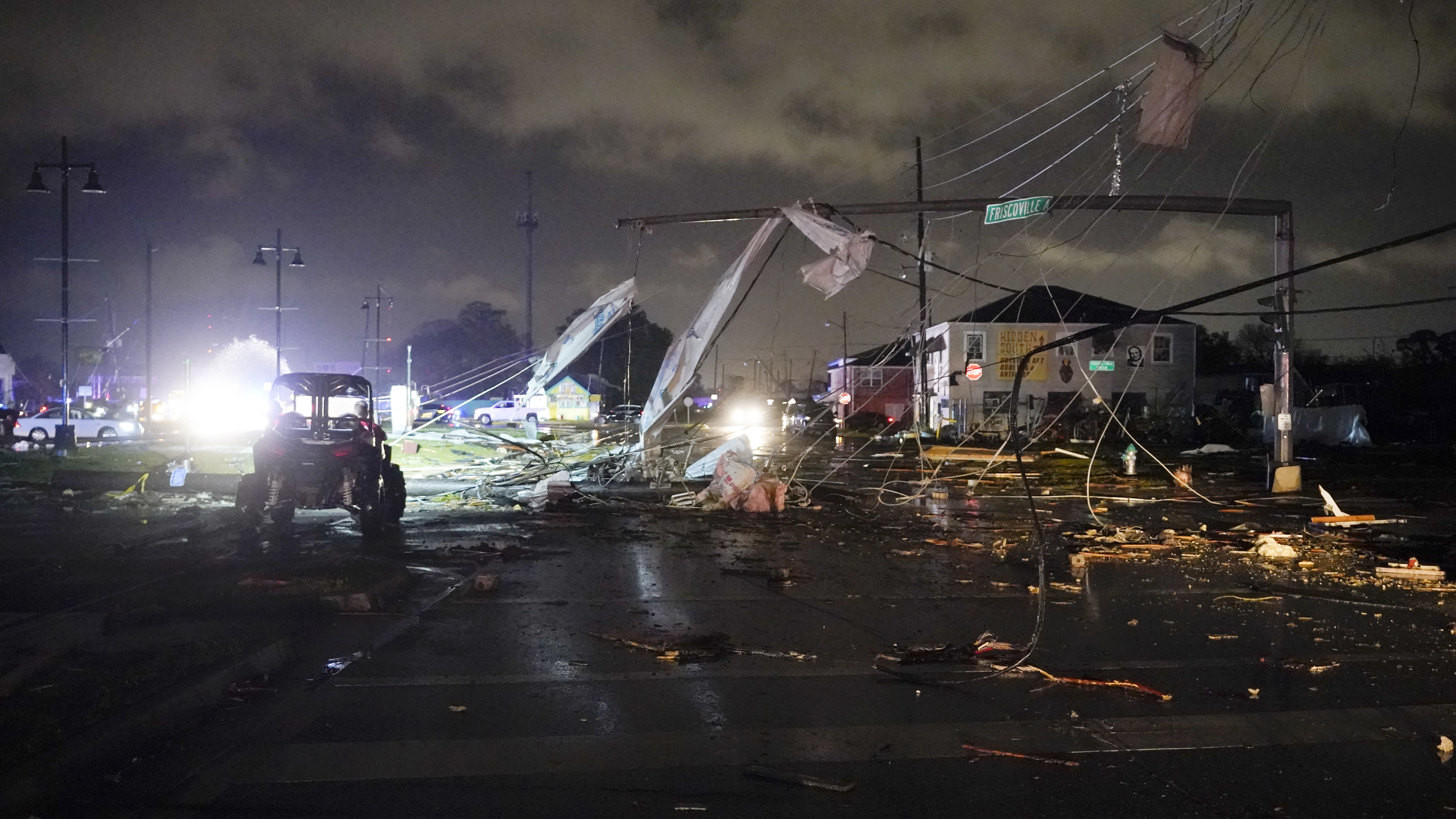A debris lined street is seen in the Lower 9th Ward in New Orleans, after strong storms moved through the area.