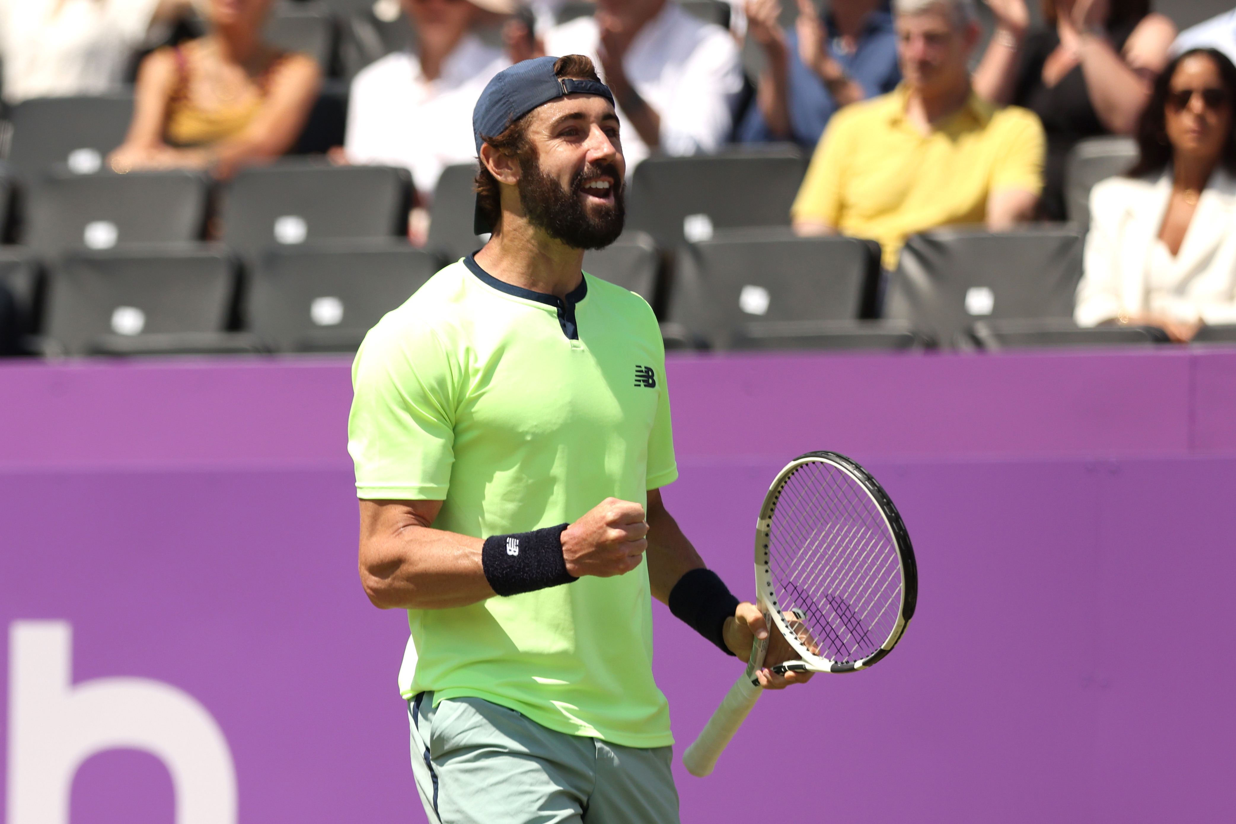 Jordan Thompson of Australia celebrates winning match point against Taylor Fritz of United States following the Men's Singles Quarter Final match on Day Five of the cinch Championships at The Queen's Club on June 21, 2024 in London, England.  (Photo by Luke Walker/Getty Images for LTA)