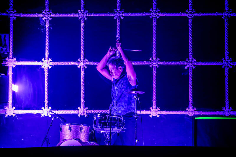Midnight Oil drummer Rob Hirst performs on the 'Muppet Balcony' at the Palais Theatre in St Kilda. The iconic Australian rock band played their classic album 10,9,8,7,6,5,4,3,2,1 in its entirety under the banner "One For The Planet" on their final tour. 