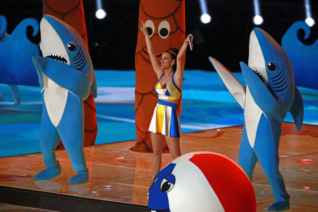 (Glendale, AZ, 02/01/15)    Katy Perry preforms  as the Patriots take on the Seahawks at Super Bowl XLIX at the University of Phoenix Stadium Sunday,  February  01, 2015.   Staff Photo by Matt Stone (Photo by Matt Stone/MediaNews Group/Boston Herald via Getty Images)
