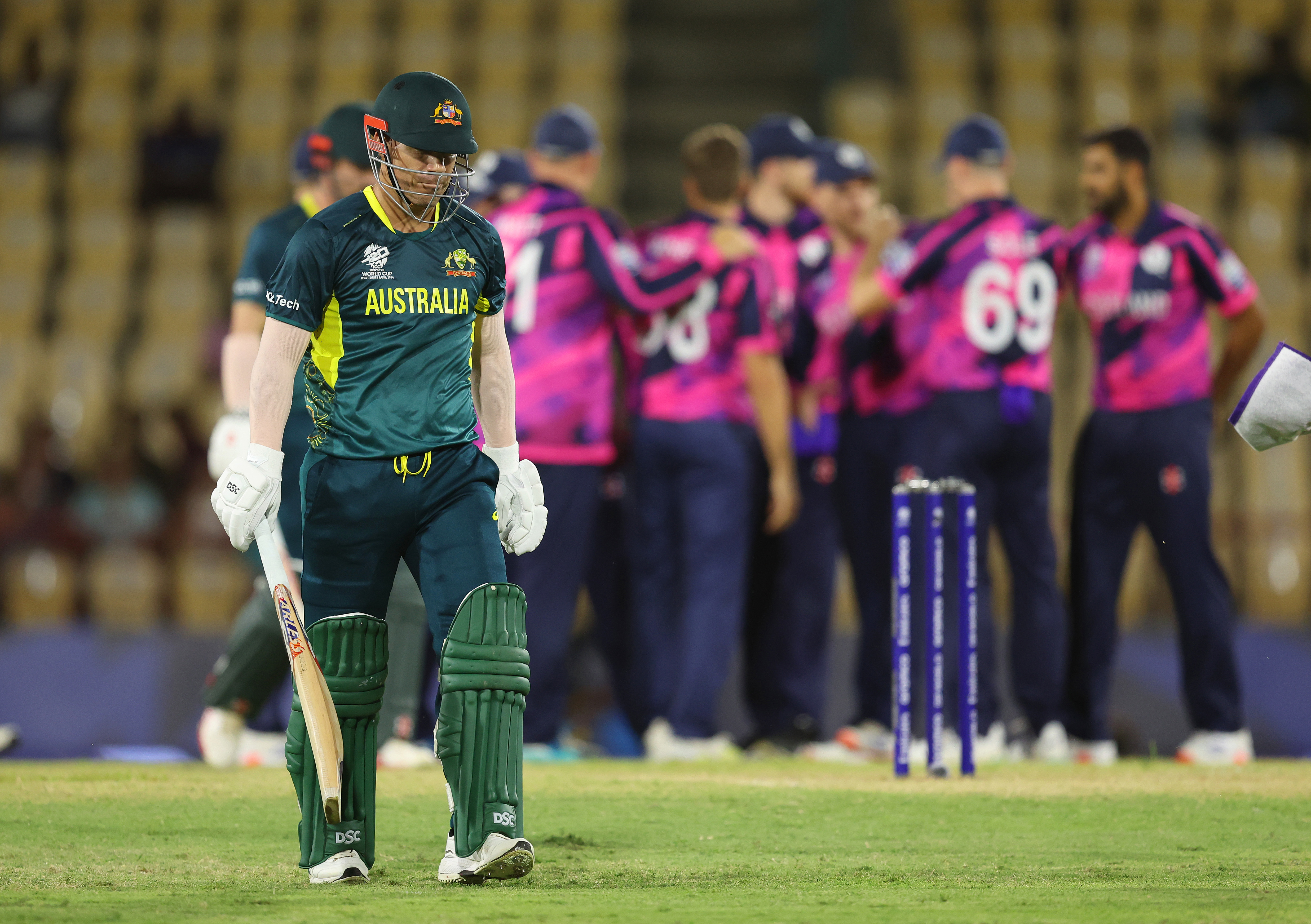 David Warner reacts after he was caught in the second over of the chase during the ICC Men's T20 Cricket World Cup West Indies & USA 2024 match between Australia and Scotland at  Daren Sammy National Cricket Stadium on June 15, 2024 in Gros Islet, Saint Lucia. (Photo by Robert Cianflone/Getty Images)