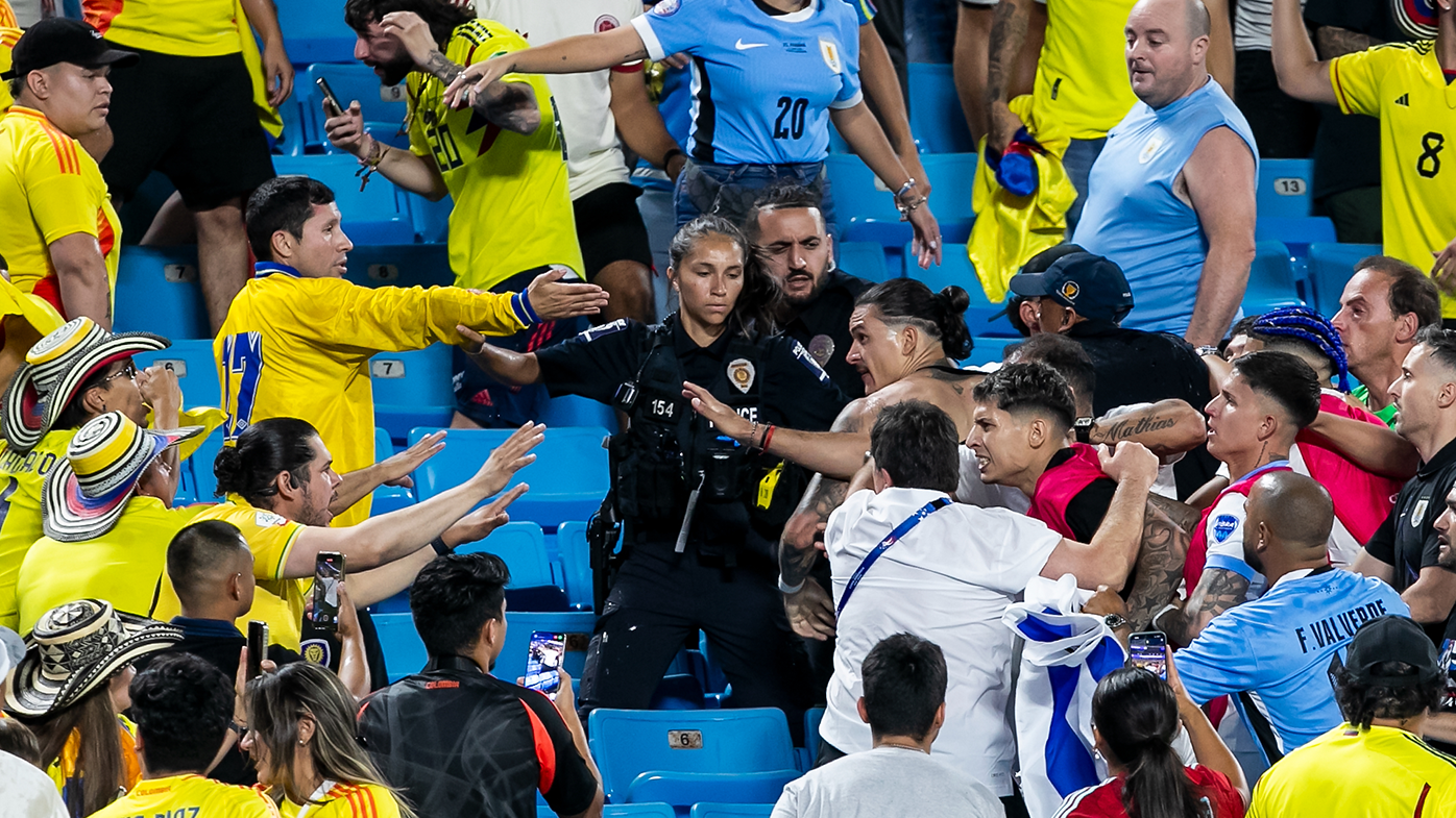 Uruguay forward Darwin Nunez engages with hostile fans in the stands after the Copa America semi final between Uruguay and Colombia.