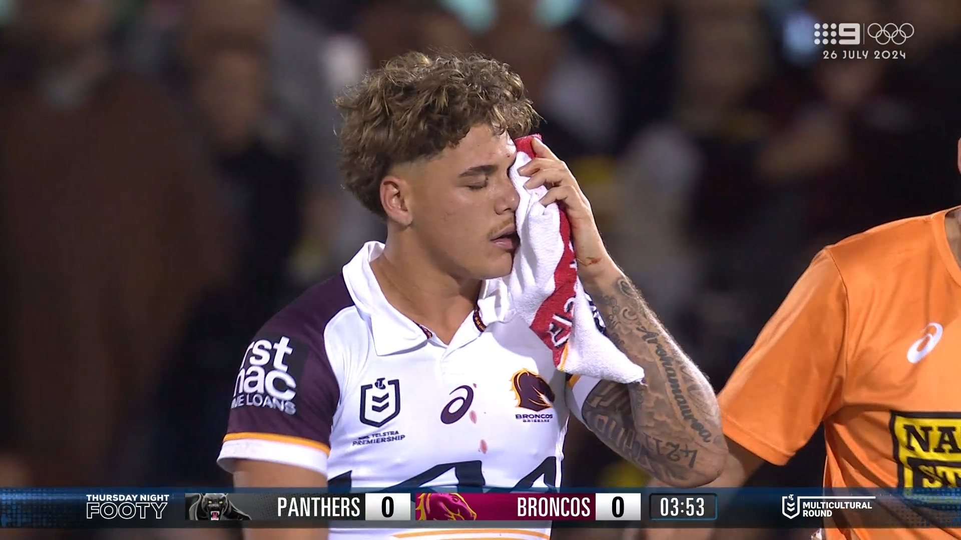 Reece Walsh was left bloodied after a heavy collision with Taylan May.