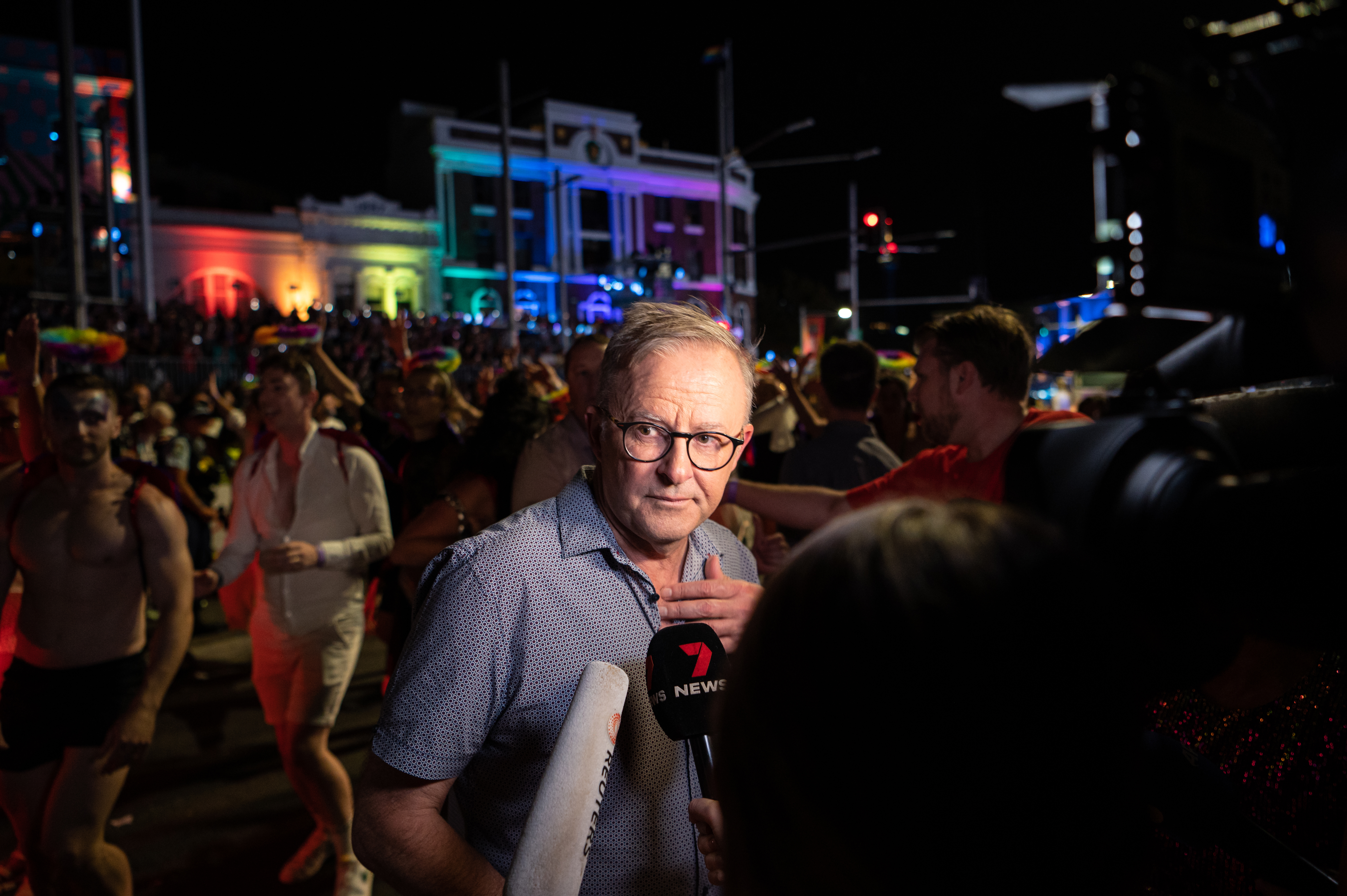PM Anthony Albanese speaks to the media during the 45th annual Gay and Lesbian Mardi Gras parade in Sydney, March 25, 2023.
