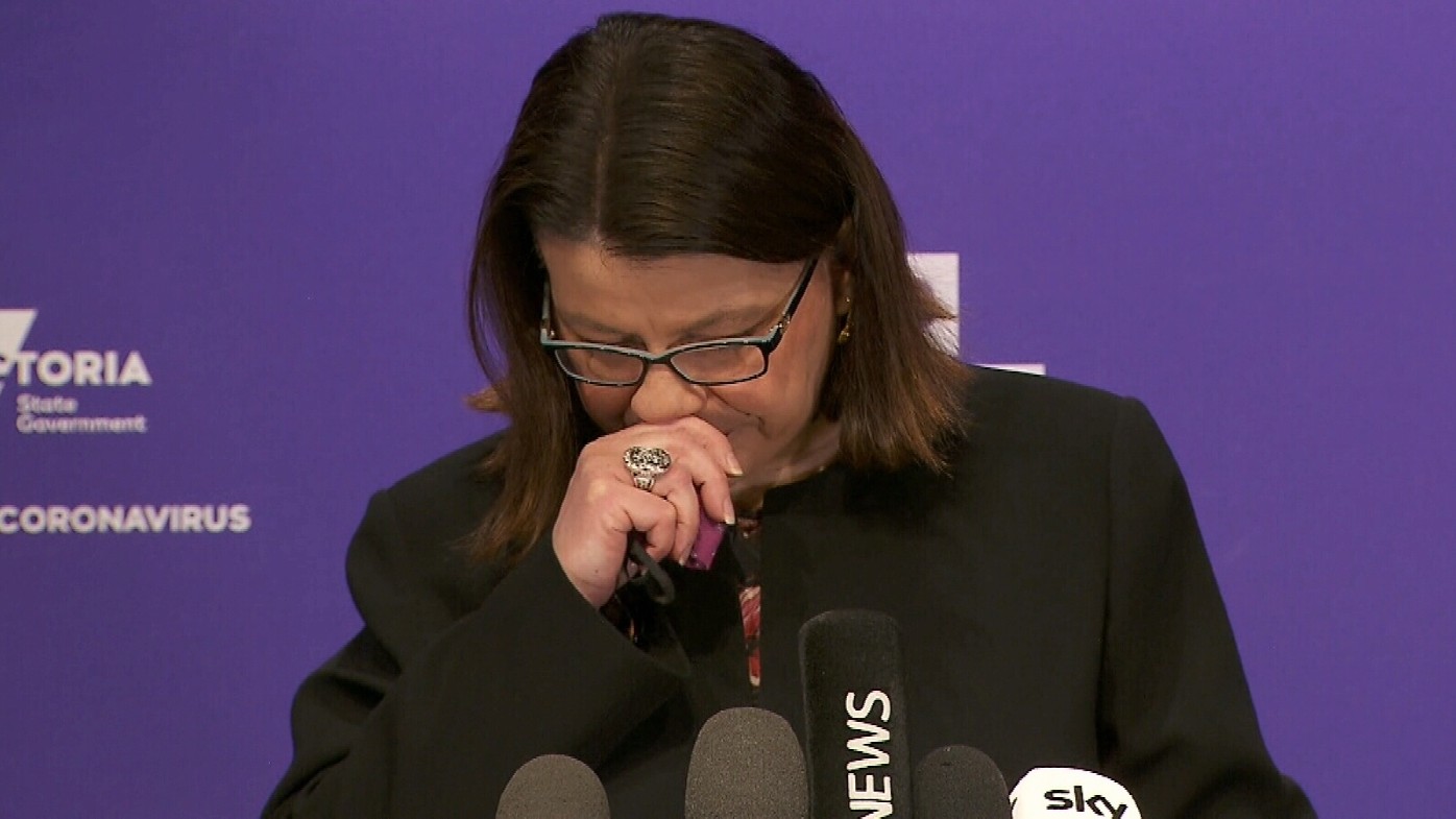 Victoria's Health Minister Jenny Mikakos became emotional during her media conference as the state deals with outbreaks inside aged care homes.