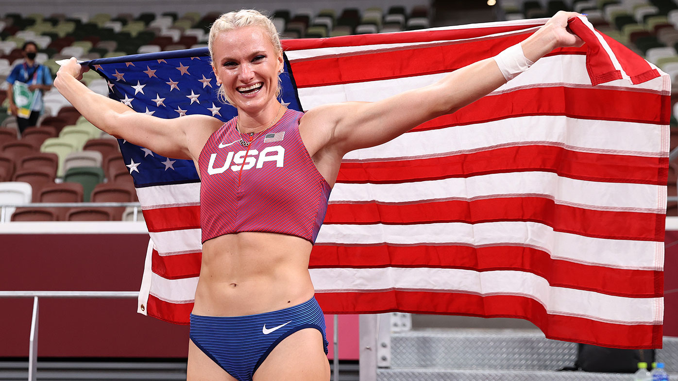 Katie Nageotte of Team USA celebrates after winning the gold medal in the Women's Pole Vault Final at the Tokyo Olympics.