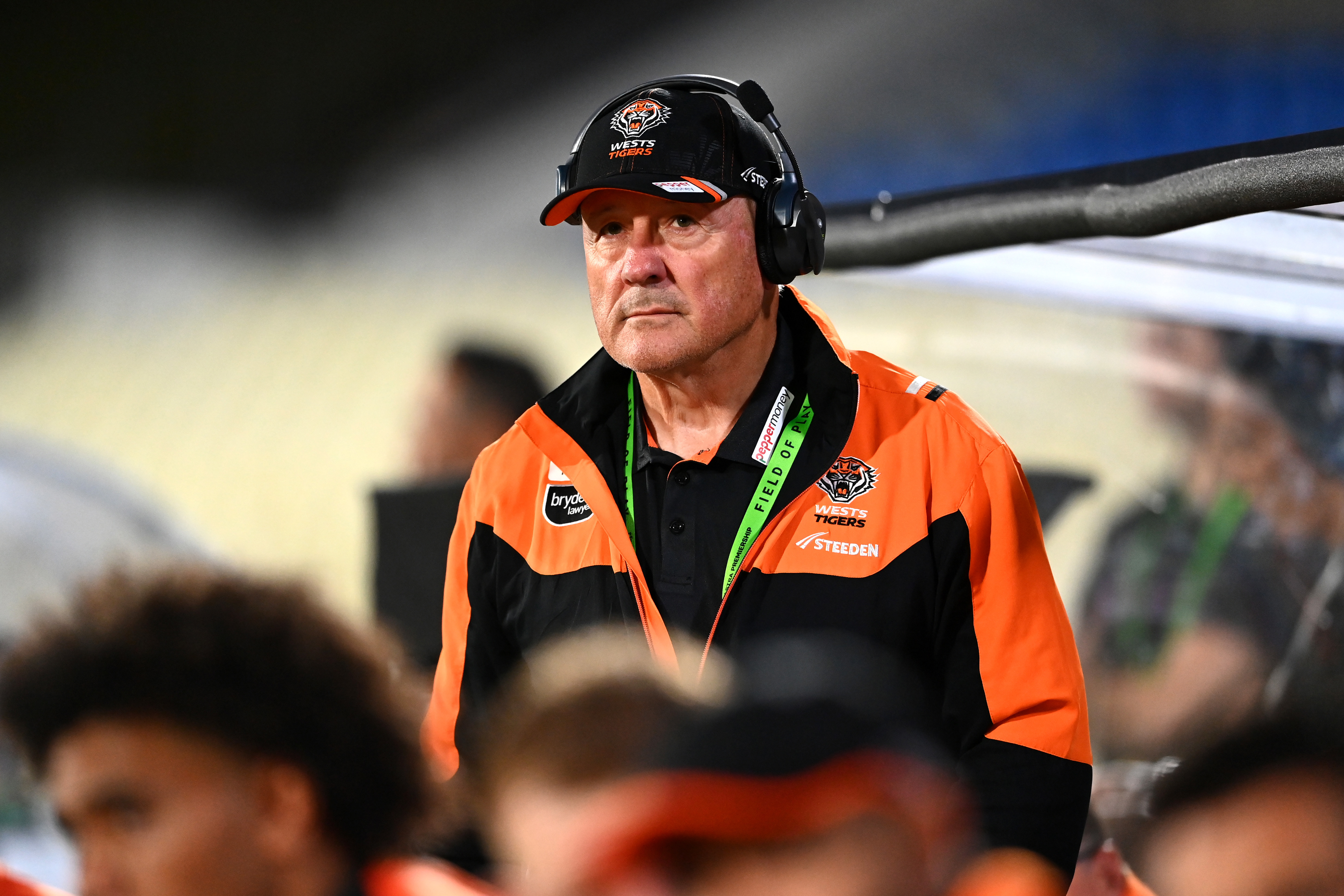 Head coach Tim Sheens of the Tigers looks on during the NRL trial match between New Zealand Warriors and Wests Tigers at Mt Smart Stadium on February 09, 2023 in Auckland, New Zealand. (Photo by Hannah Peters/Getty Images)
