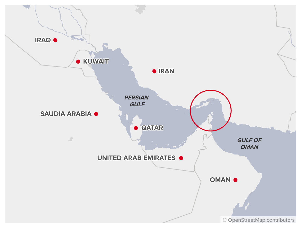 A map of the Strait of Hormuz.