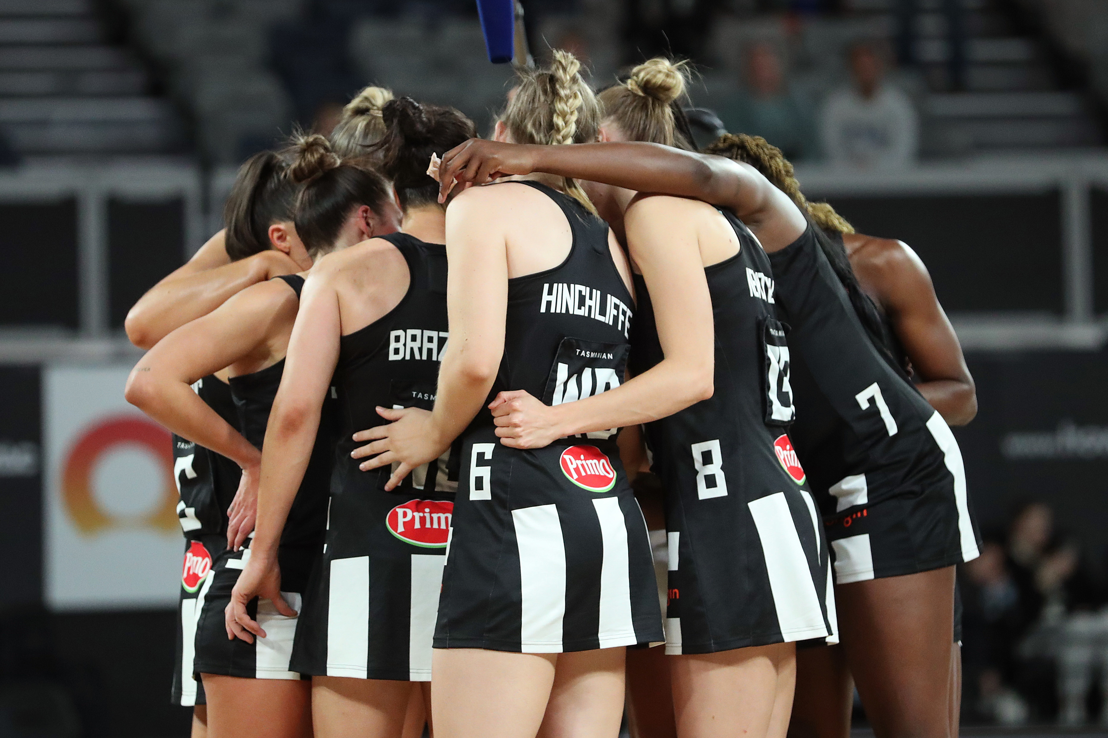 Magpies celebrate the win during the round four Super Netball match between Collingwood Magpies and Queensland Firebirds at John Cain Arena, on April 09, 2023, in Melbourne, Australia. (Photo by Kelly Defina/Getty Images)