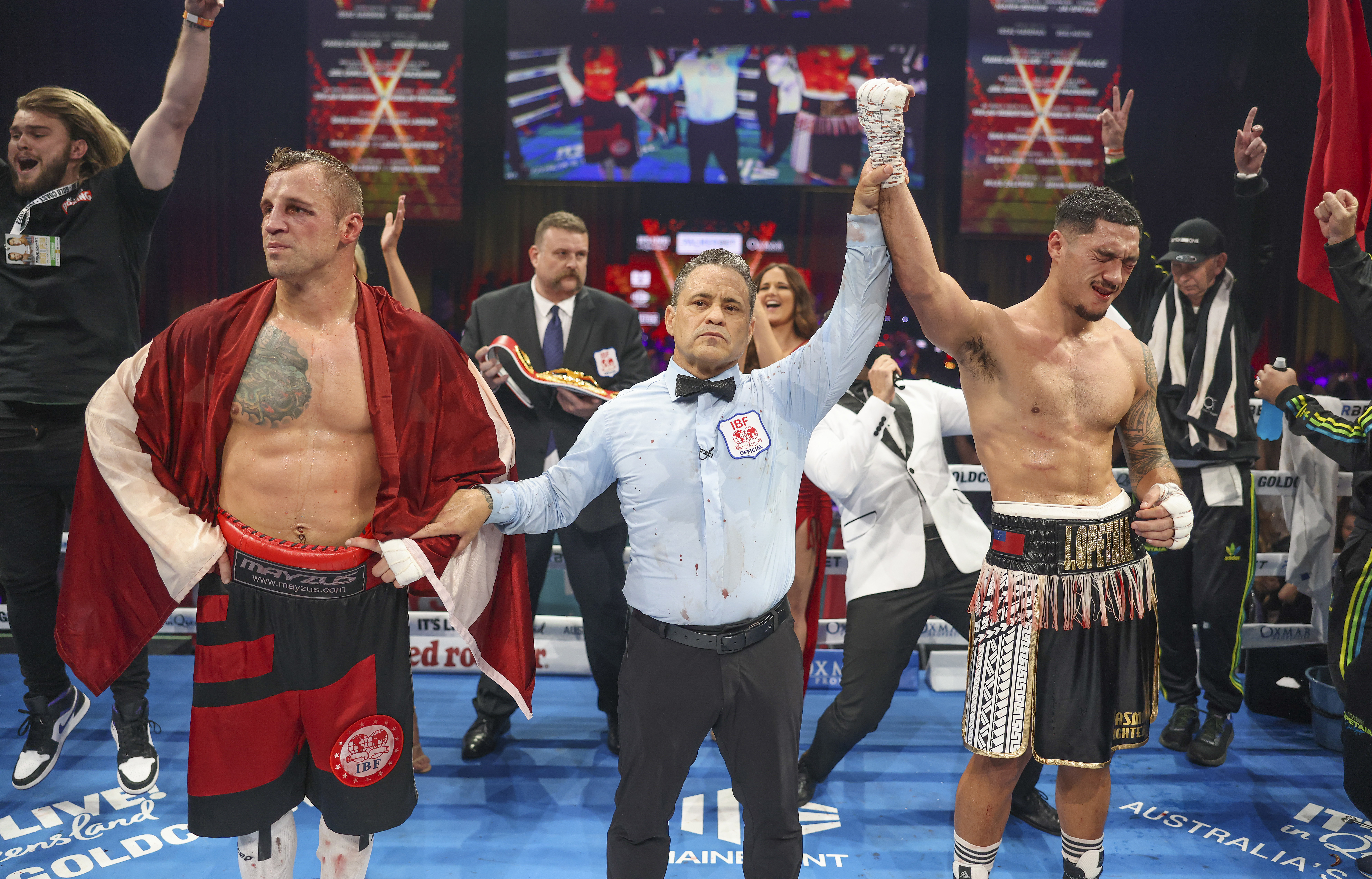 Australian boxer Jai Opetaia celebrates winning the IBF cruiserweight world title from Mairis Briedis at Gold Coast Convention and Exhibition Centre. (Photo by Peter Wallis/Getty Images)