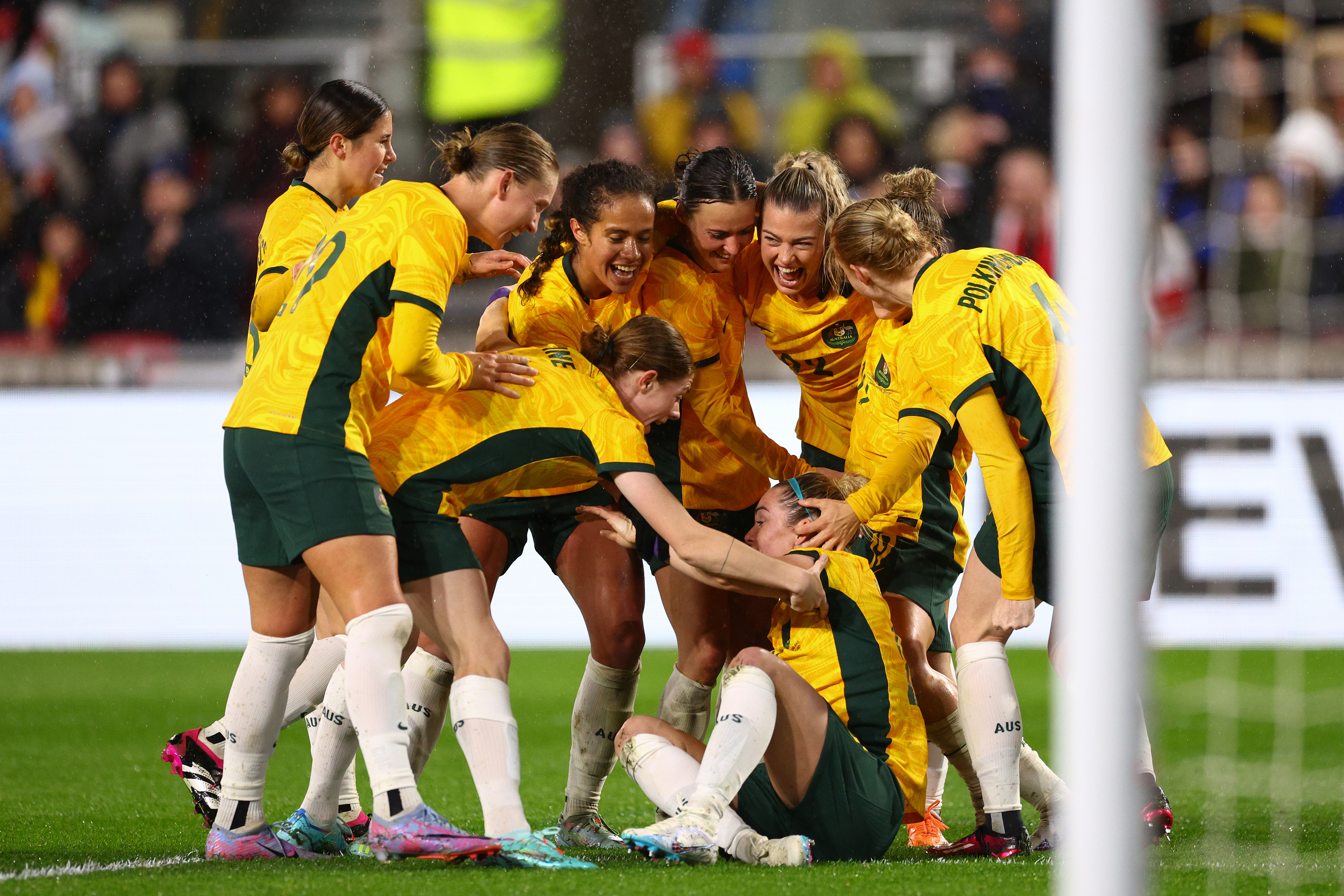 Charlotte Grant of Australia celebrates after scoring the team's second goal.