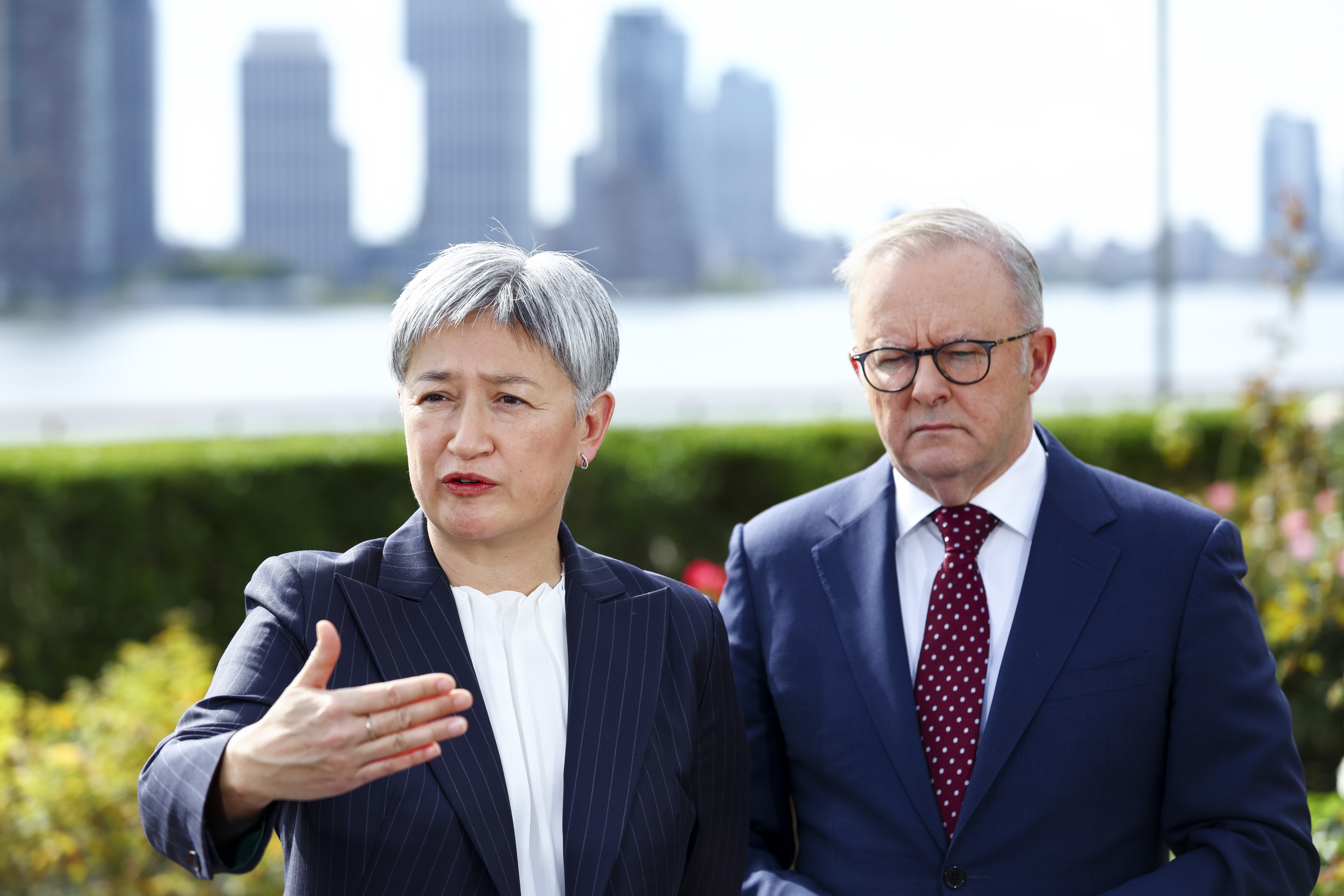 Prime Minister Anthony Albanese and Minister for Foreign Affairs Penny Wong during a press conference on Australia formally recognising the State of Palestine at the UN HQ ahead of the 80th session of the United Nations General Assembly in New York City, United States of America on the 21th of September 2025. fedpol Photo: Dominic Lorrimer