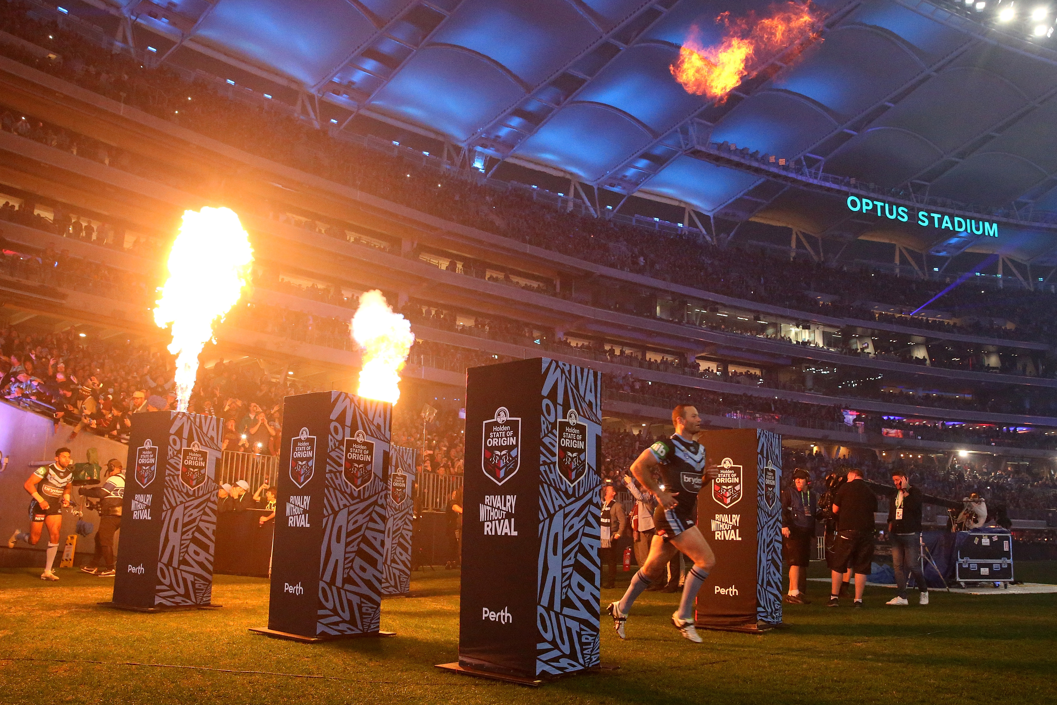 Boyd Cordner of New South Wales leads the team onto the field during game two of the 2019 State of Origin series between the New South Wales Blues and the Queensland Maroons at Optus Stadium on June 23, 2019 in Perth, Australia. (Photo by Paul Kane/Getty Images)