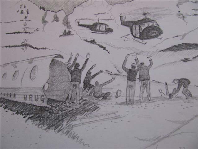 CaptionAn artists impression of the 'Miracle of the Andes'.
