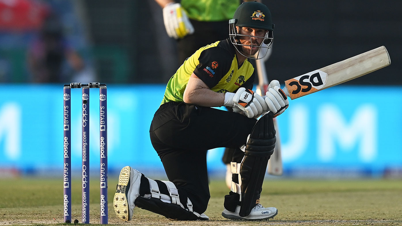 David Warner of Australia plays a shot during the ICC Men's T20 World Cup match between Australia and Windies 