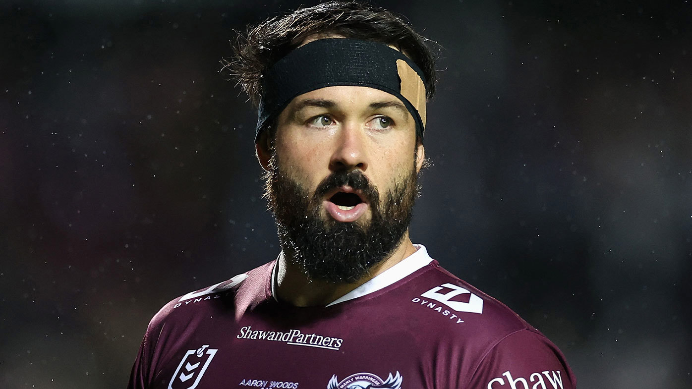 Aaron Woods pictured in action for the Manly Sea Eagles during the 2023 season
