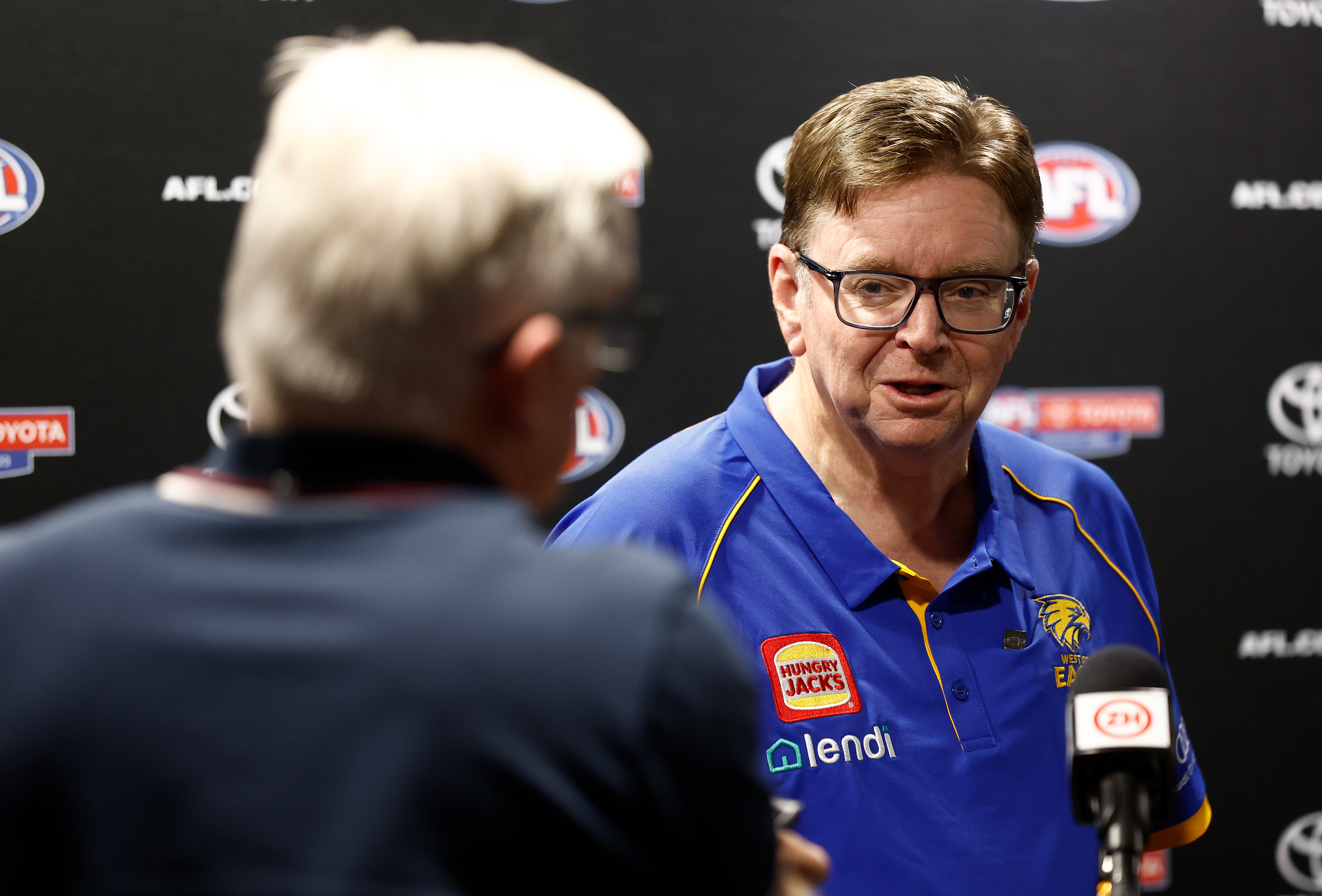 MELBOURNE, AUSTRALIA - NOVEMBER 21: Rohan OBrien, Recruiting and List Manager of the Eagles speaks with media during the 2023 AFL Draft at Marvel Stadium on November 21, 2023 in Melbourne, Australia. (Photo by Michael Willson/AFL Photos via Getty Images)