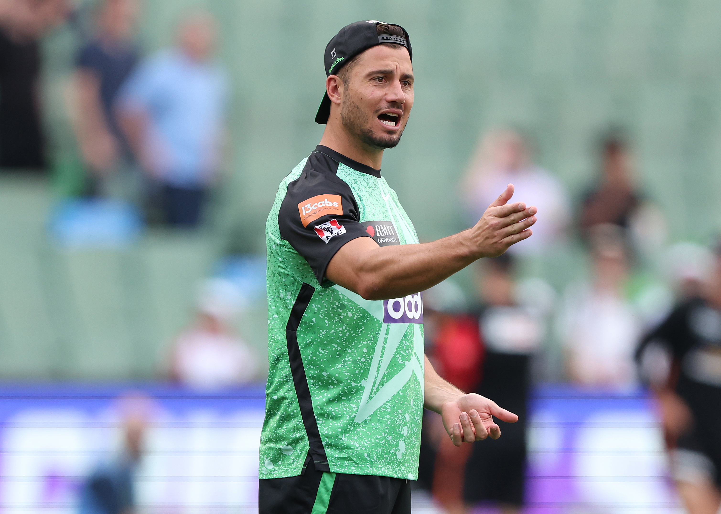 MELBOURNE, AUSTRALIA - DECEMBER 13: Marcus Stoinis of the Stars warms up prior to the BBL match between Melbourne Stars and Perth Scorchers at Melbourne Cricket Ground, on December 13, 2023, in Melbourne, Australia. (Photo by Robert Cianflone/Getty Images)
