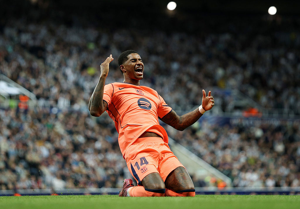 Marcus Rashford of Barcelona celebrates scoring.