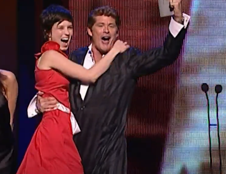 Missy Higgins and US actor and singer David Hasselhoff at the 2005 ARIAs.