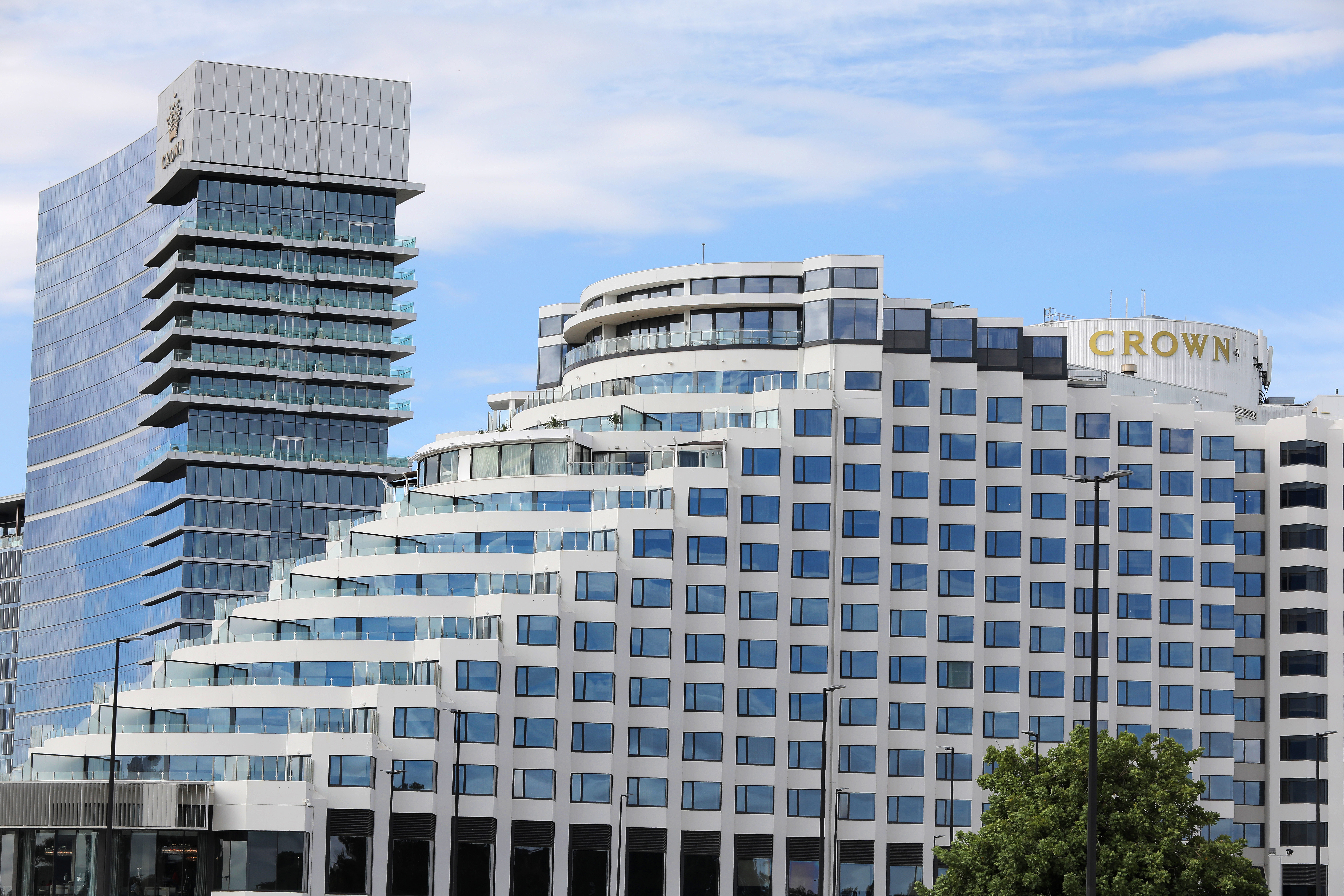 Crown Perth resort and casino Burswood, Perth, WA, viewed from riverfront and Crown Tower hotel in background. Photographed 17th February 2021, by Philip Gostelow.