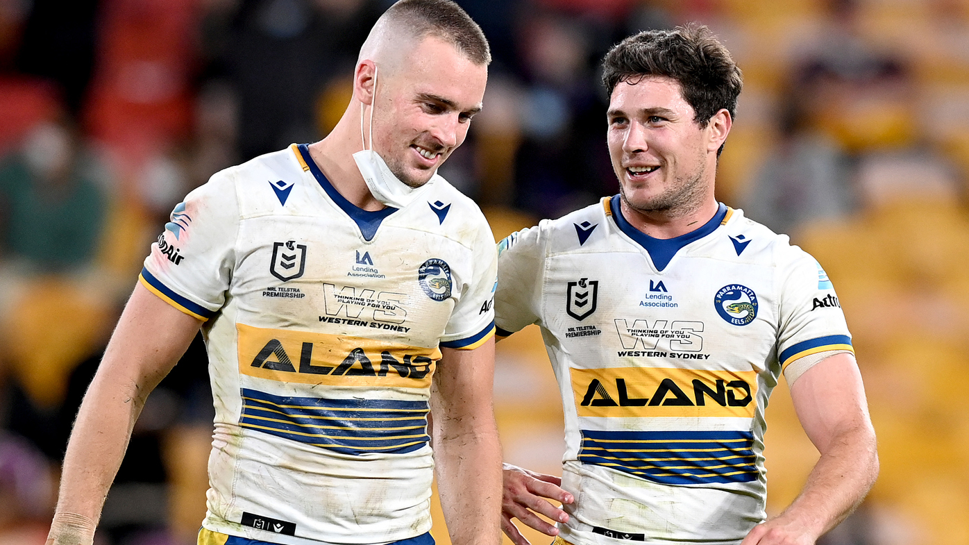  Clint Gutherson and Mitchell Moses of the Eels are seen enjoying their victory